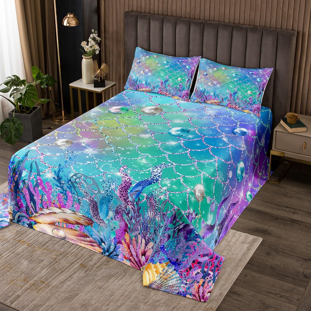 jejeloiu Kids Mermaid Bedspread Twin Size Ocean Life Sea Animal Quilted Coverlet for Boys Girls Teens Bedroom Decor Fish Scales Coverlet Set Princess Decor Soft Lightweight Microfiber 2Pcs