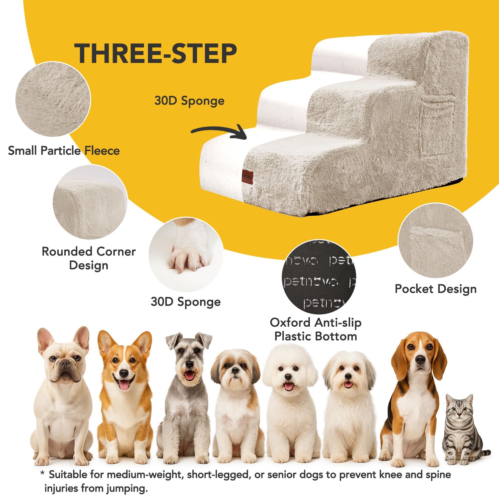 PETNOVO Escalera para Perros de 3 Peldaños para Sofá y Cama, Escalones para Perros Pequeños y Mayores con Felpa Ultrasuave, Base Antideslizante y Funda Lavable, Certificación Oeko-Tex, Beige Crema