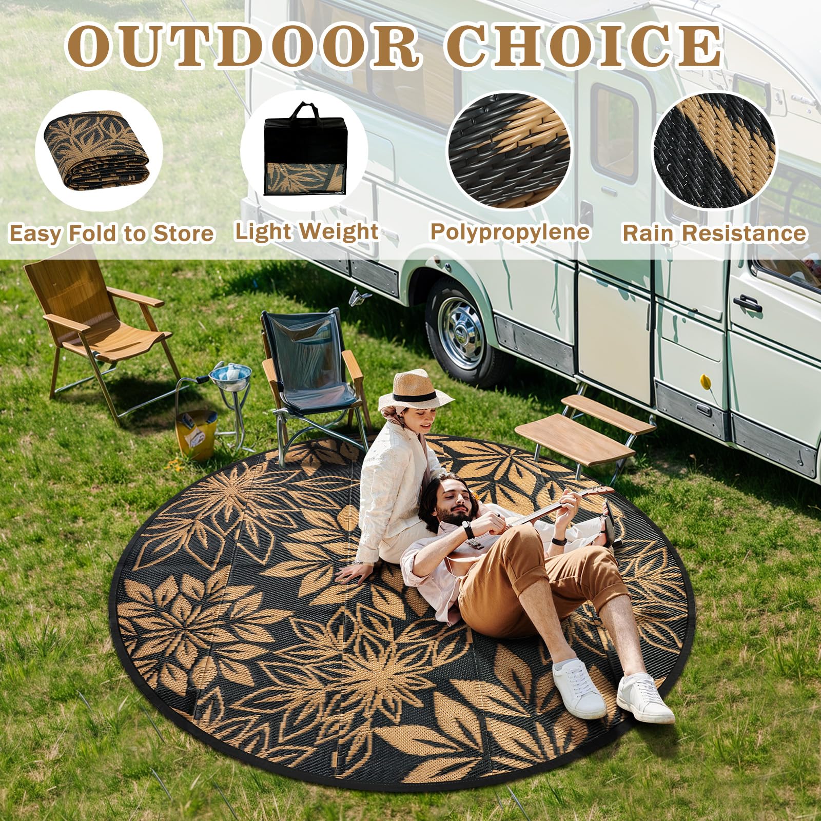 Tapis d'extérieur rond pour patio 180 cm, Feuilles noires, Tapis de jardin extérieur réversible imperméable, résistant aux UV, Tapis de sol rond pour patio extérieur pour balcon, terrasse