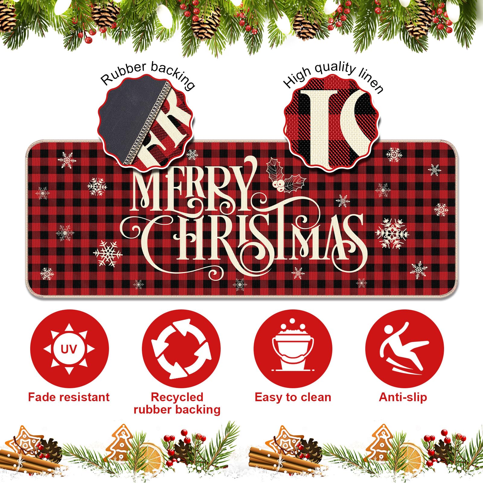 Capoda 2 Pcs Christmas Kitchen Rugs and Mats Set Non Slip Buffalo Plaid Black Santa Claus Rugs Mats for Home Indoor Outdoor Living Room Bedroom Xmas Winter Holiday Decor 17 x 47 Inch and 17 x 29 Inch
