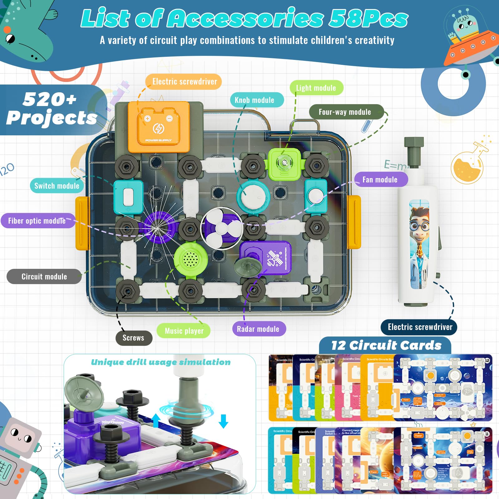Kits de ciencia para niños de 5 a 7 8 a 12 años, juguetes educativos STEM de aprendizaje con 58 piezas de circuito, más de 520 proyectos, juguete sensorial de viaje para niños y niñas, regalos de 3