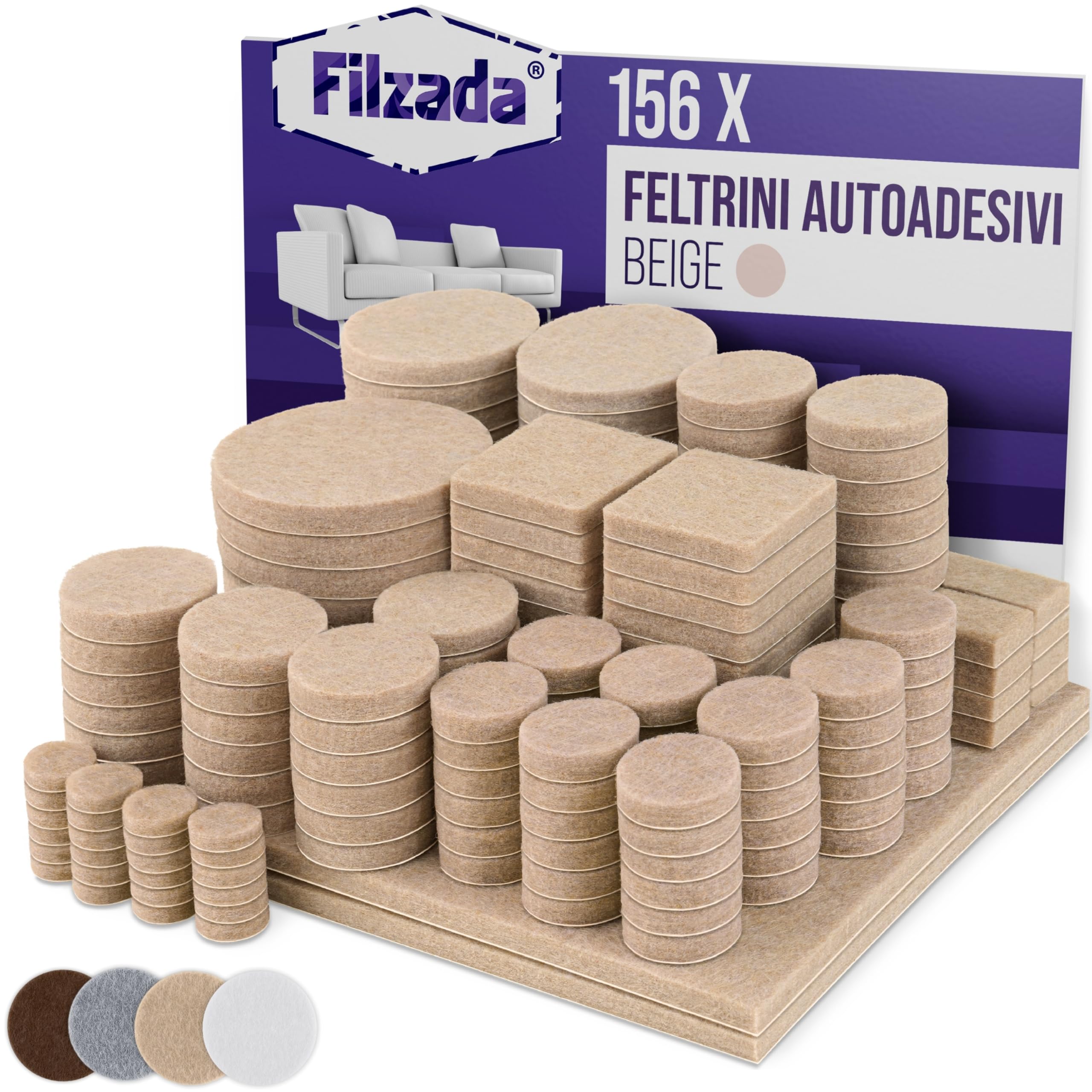 Filzada® Feltrini autoadesivi 156 pezzi (quadrati e rotondi) - Beige - Feltro per mobili professionali con forza adesiva ideale