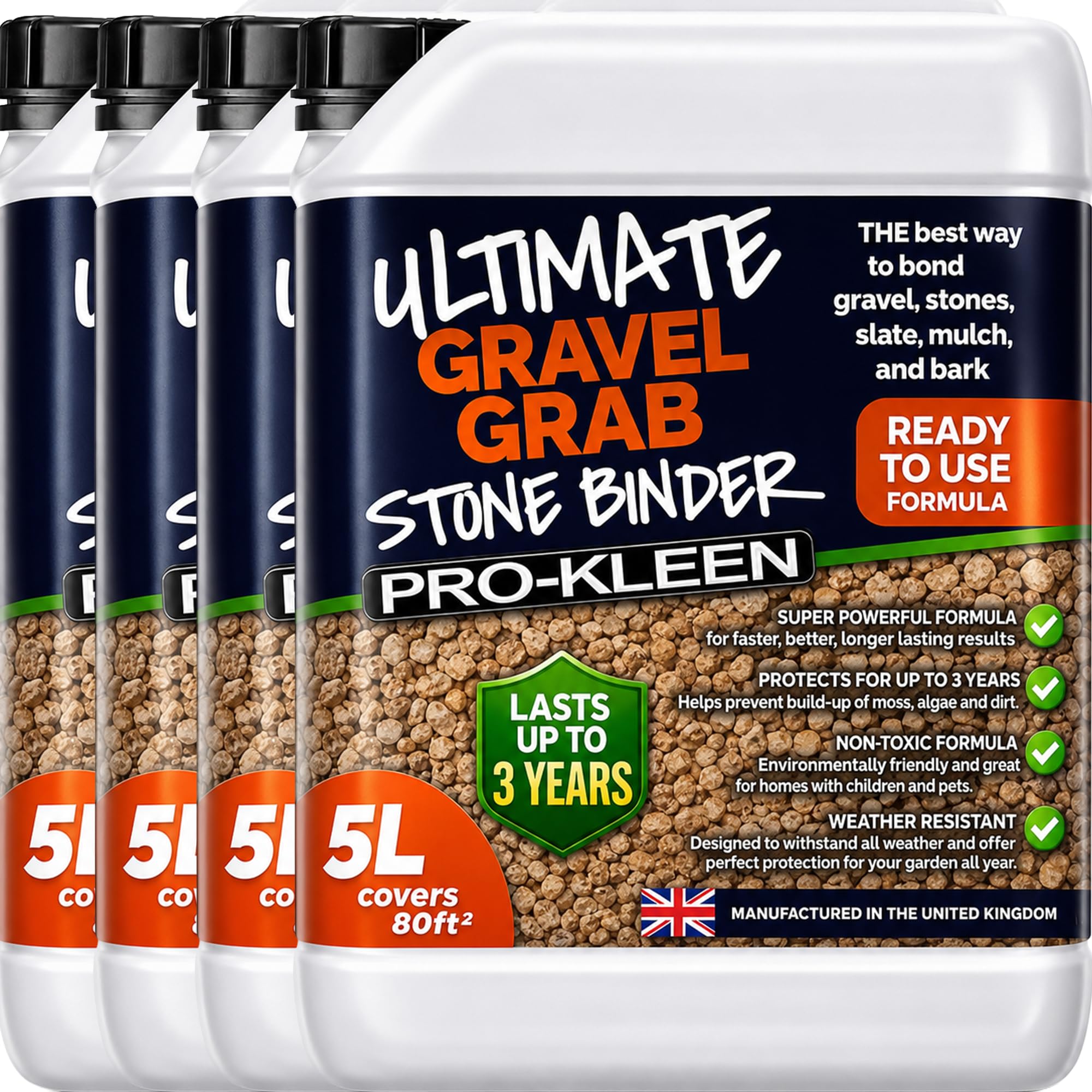 Pro-Kleen Ultimate Gravel Grab 20L (Covers 320 ft2) - Stone Glue Binder Fixing Spray - For Gravel, Slate, Bark & More - Protects for up to 3 Years - Non Toxic, Weather Resistant & Porous Formula