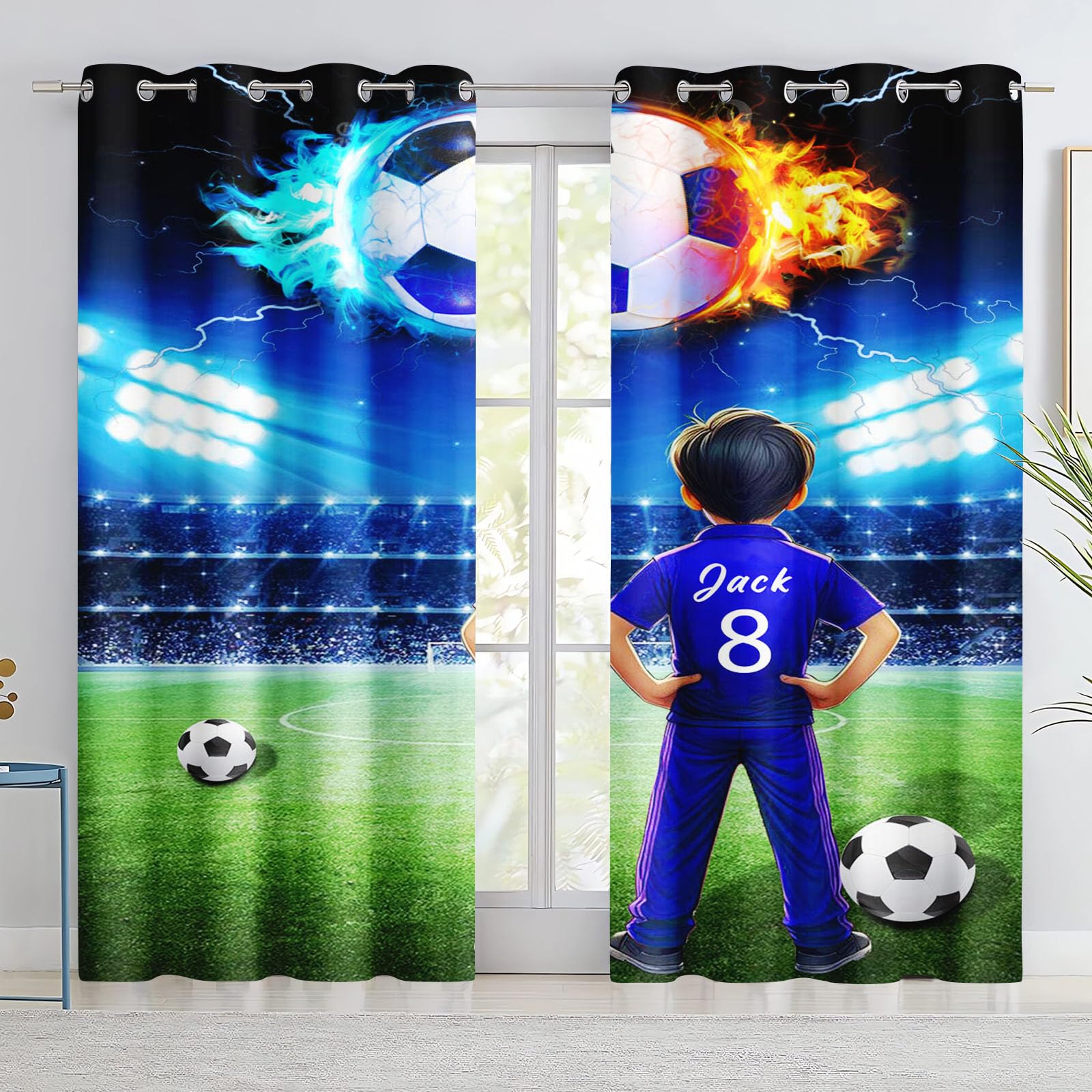 Fußball Vorhänge Blickdicht Verdunkelungsvorhänge Fußball Mit Ösen, Personalisierte Fußball Vorhang Gardinen Verdunklungsgardine 2er Set Für Kinder Jungen (280x180cm(BxH)/ 140x180cmx2,1)
