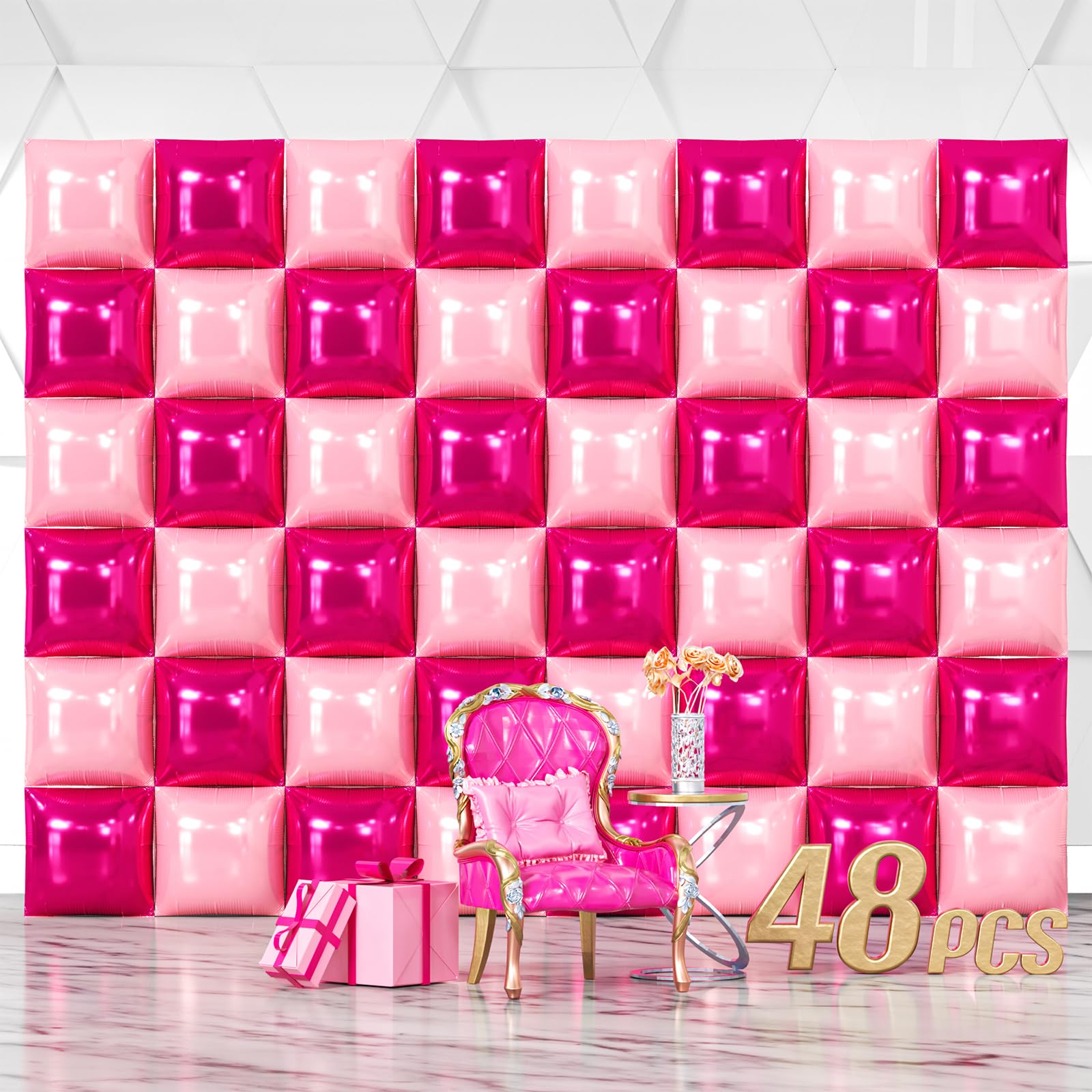 NISOCY 48 globos cuadrados de aluminio rosa magenta intenso, telón de fondo de pared de doble cara, kit de arco de globos rosa metálico para aniversario, despedida de soltera, cumpleaños, compromiso