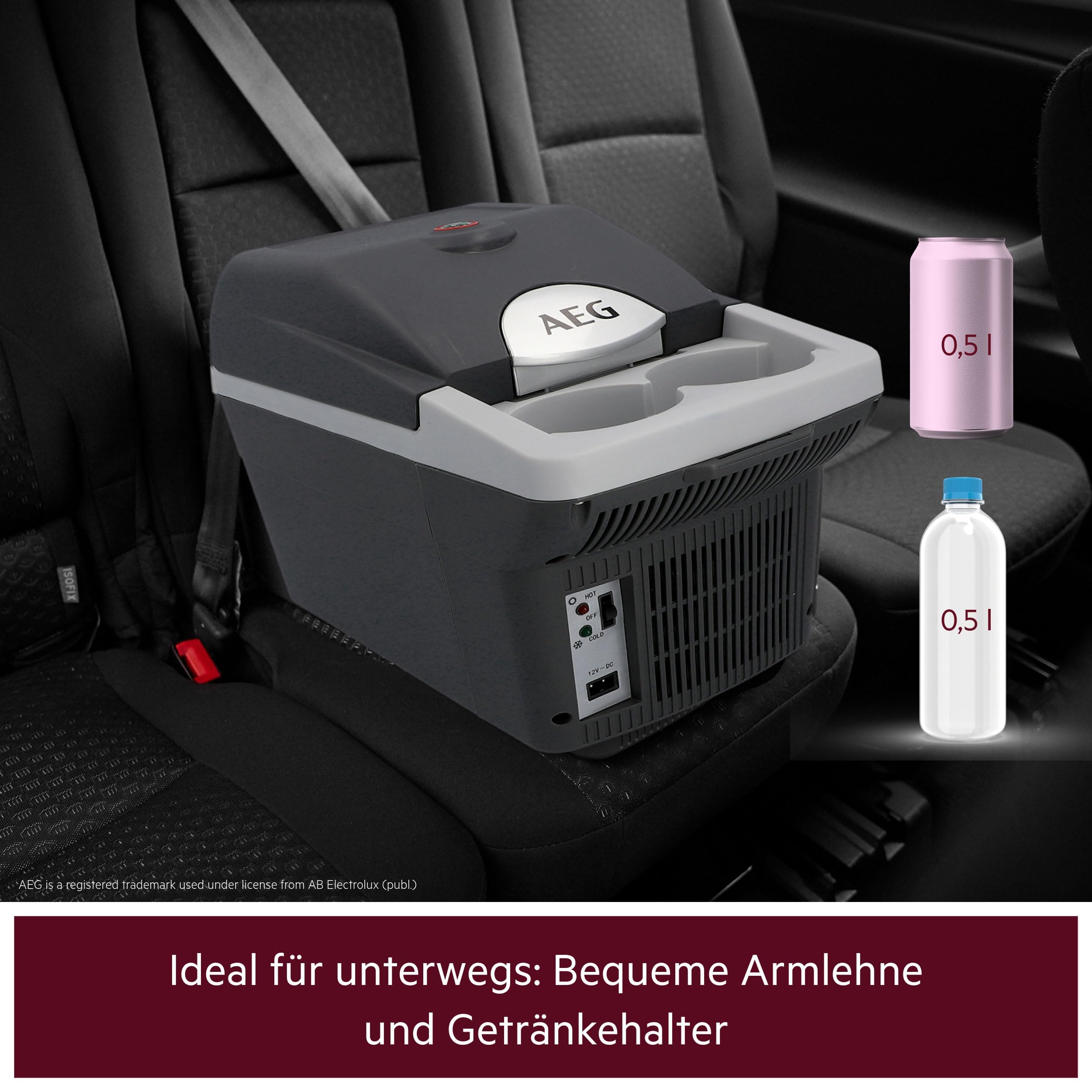 AEG Automotive Board-Bar BK 6 Thermoelektrische Kühl- und Warmhaltebox 6 Liter, 12 Volt für Auto und Steckdose, anschnallbar im PKW