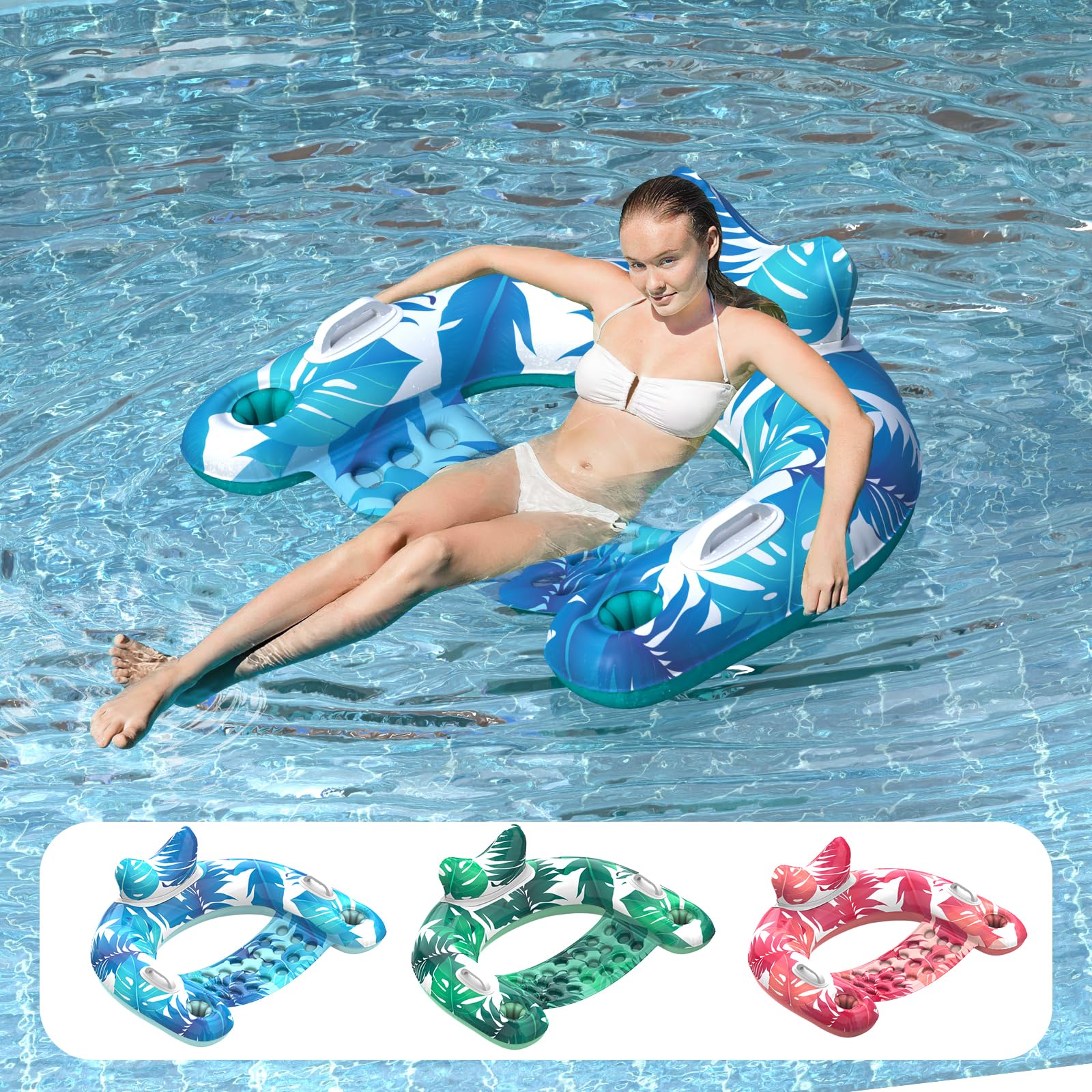 Pool Floats, 3 Pack Inflatable Float Chairs with Cupholders & Handles, Pool Floats Adult & Kids Perfect for Pool Lake & Rivers, Pool Toy Party, Relaxing Inflatable Chair for Swimming Pool