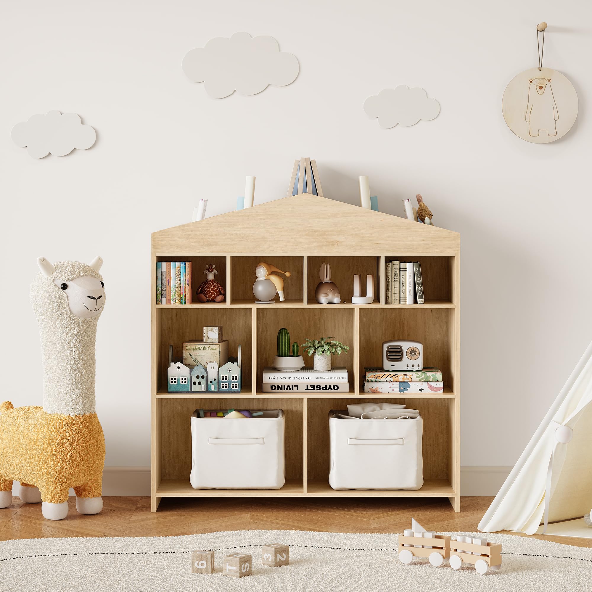 Estantería Infantil En Forma De Casa, Librero Organizador De Madera con 4 Niveles y 15 Compartimentos para Libros y Juguetes, Mueble con Kit Antivuelco para Dormitorio y Guardería, Madera