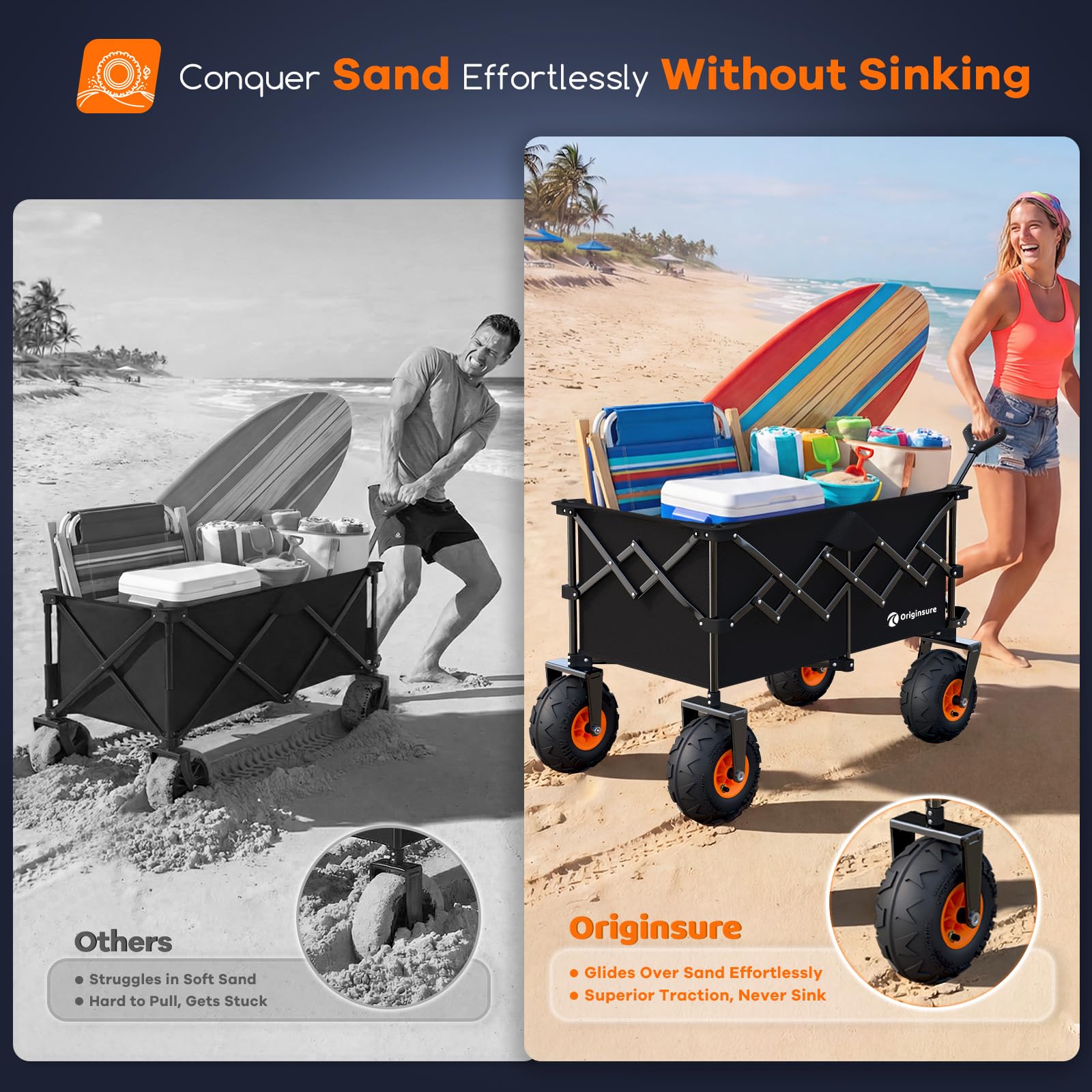 Carrello da spiaggia pieghevole, lungo 96,5 cm, con grandi ruote per palloncini da 25,4 cm per sabbia, capacità di carico 220 l, robusto, pieghevole, con pneumatici