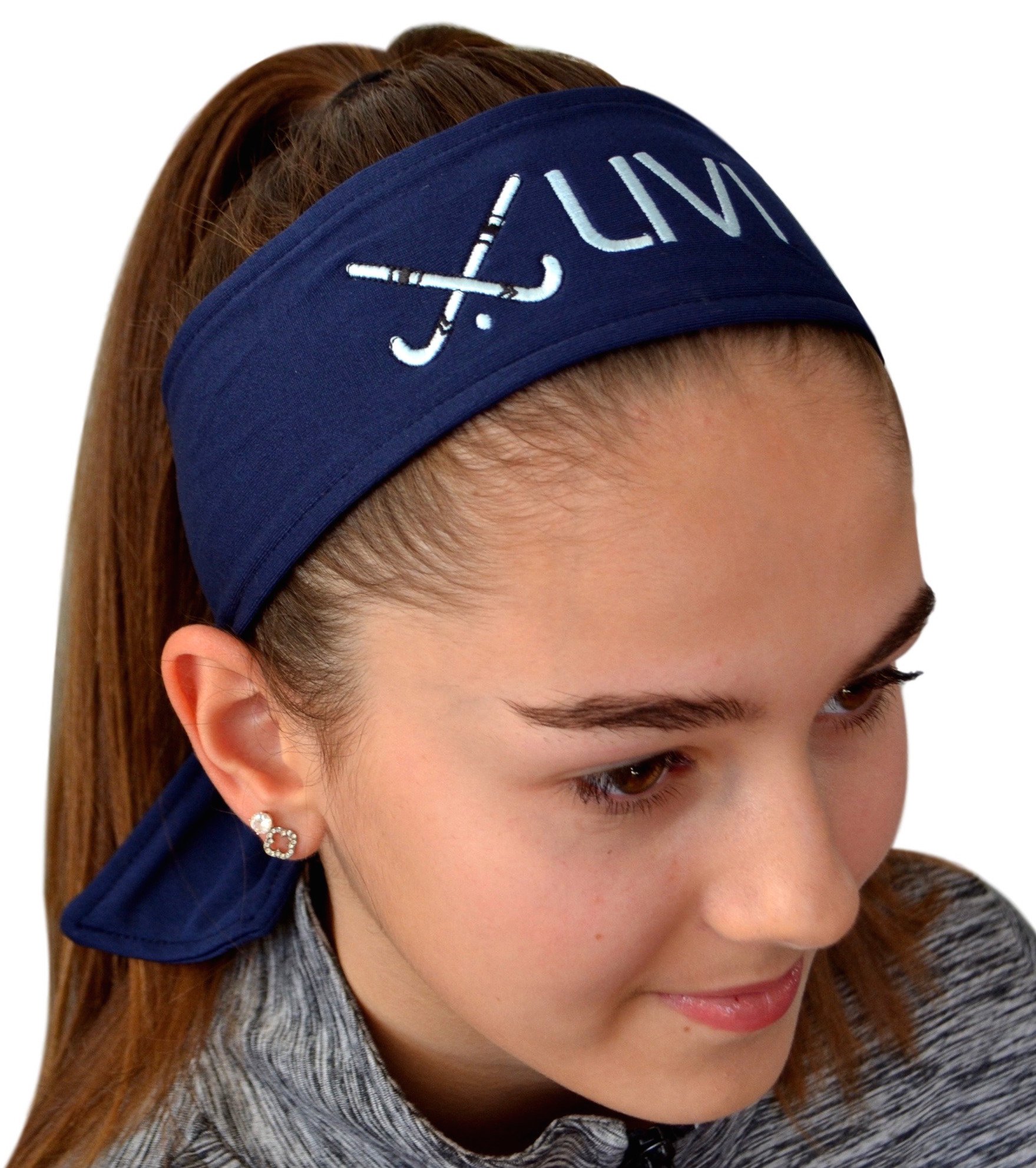 Field Hockey Sticks Tie Back Moisture Wicking Headband Personalized with Embroidered Custom Name (Navy Blue TIE Back)