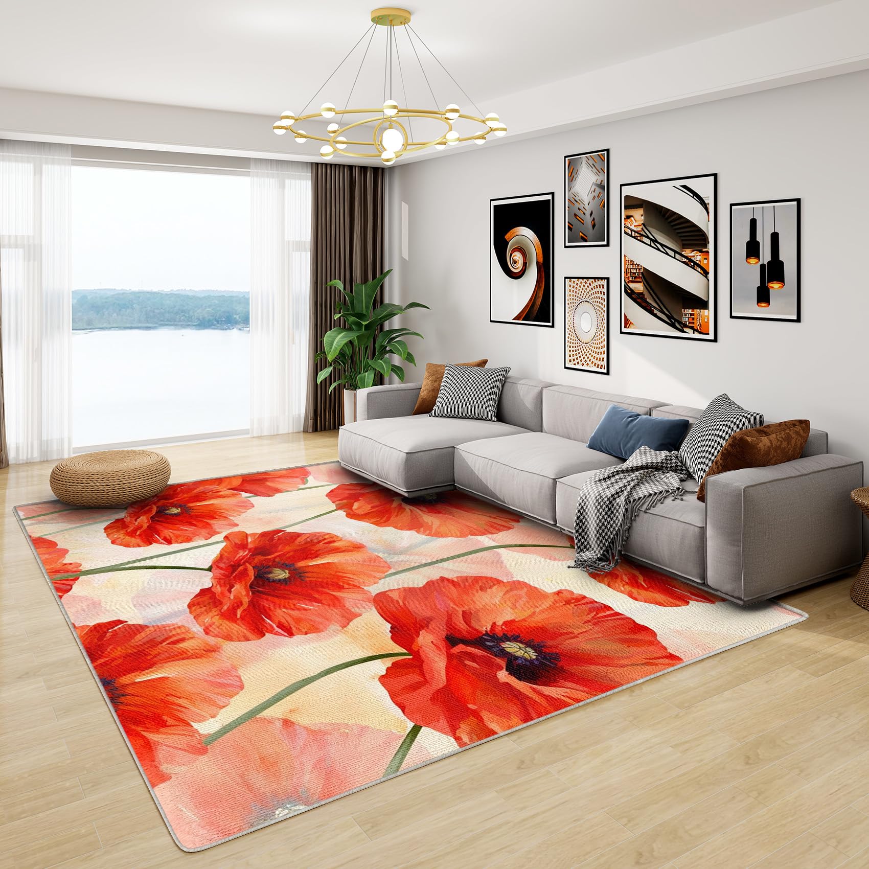 GEDAEUBA Poppy Rug & Home Decor - Washable Rug 4x5 - Red Poppy Rugs for Living Room Bedroom - Non Slip Soft Indoor Large Area Rug - Poppy Flower