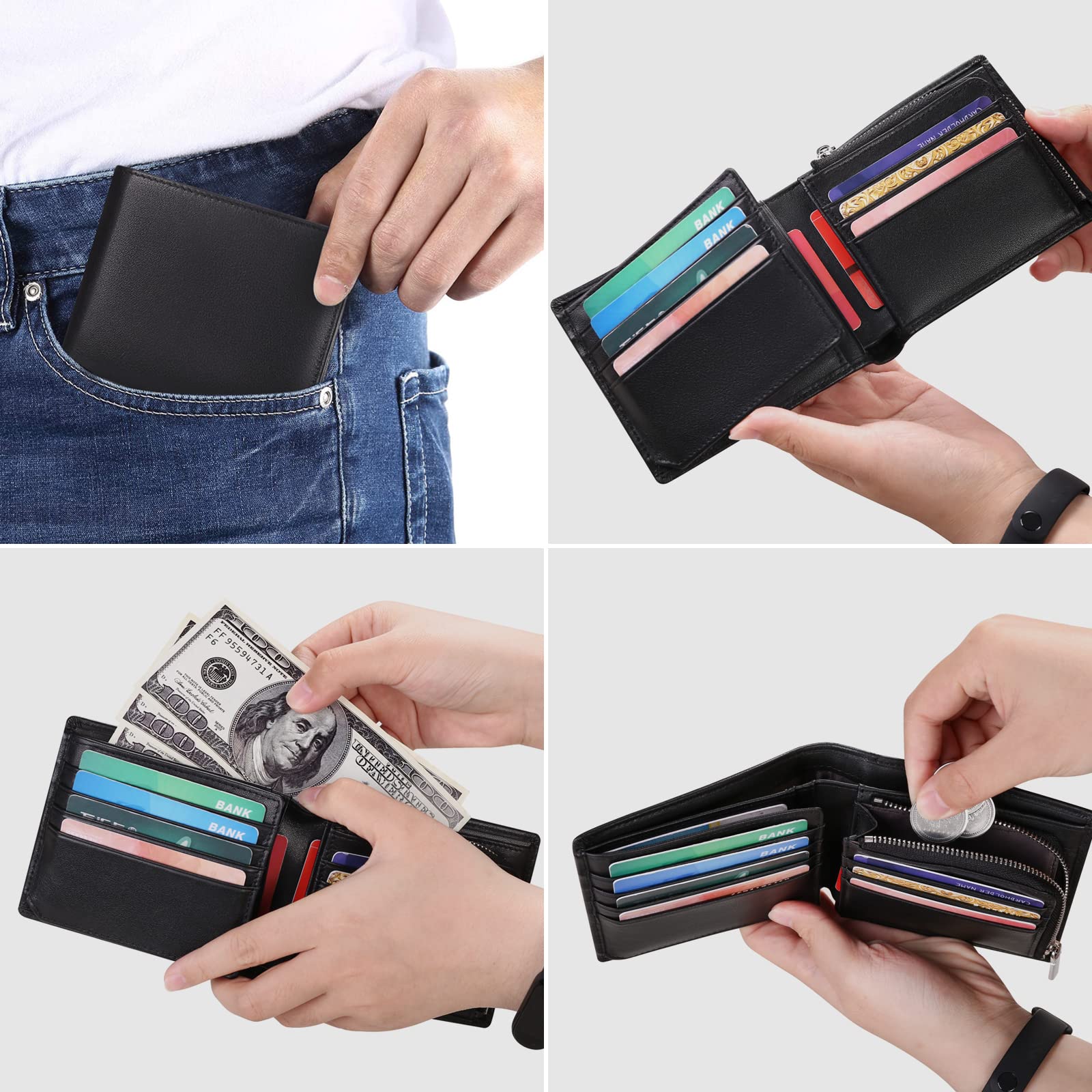 SENDEFN Portefeuille Homme en Cuir Véritable avec Protection RFID, Porte-Monnaie, Portefeuille pour Hommes Grande Capacite avec 15 Porte Carte Crédit et Poche à Glissière Pièces de Monnaie