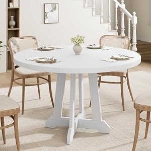47 Inch Wood Grain White Round Dining Table Expandable Wooden Kitchen Table with Four Pillar Pedestal Base Foldable Dinner Table for 4 to 6 Small Dining Room | Engineered wood table with a foldable top and four-pillar pedestal base for kitchens, apar