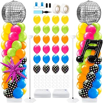 Kasyat 2 Sets 90s 80s Disco Balloon Column Stand Kit with Disco Ball Musical Note Exploding Star Balloon 90s 80s Theme Party Foil Decorations for Retro Theme Nostalgic Birthday Party