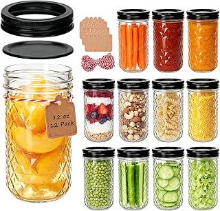 QAPPDA 12 oz Mason Jars 12 Pack, Regular Mouth Canning Jars with Black Lids