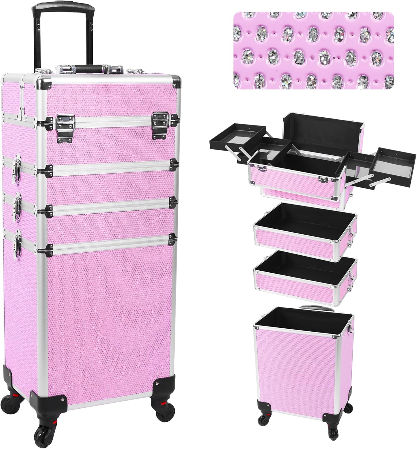 Professional Rolling Makeup Case with Wheels, 5-in-1 Makeup Train Case, Cosmetic Makeup Trolley Cart Travel Cosmetology Case On Wheels with Key for Hairstylists, Nail Tech (Pink Crystal)