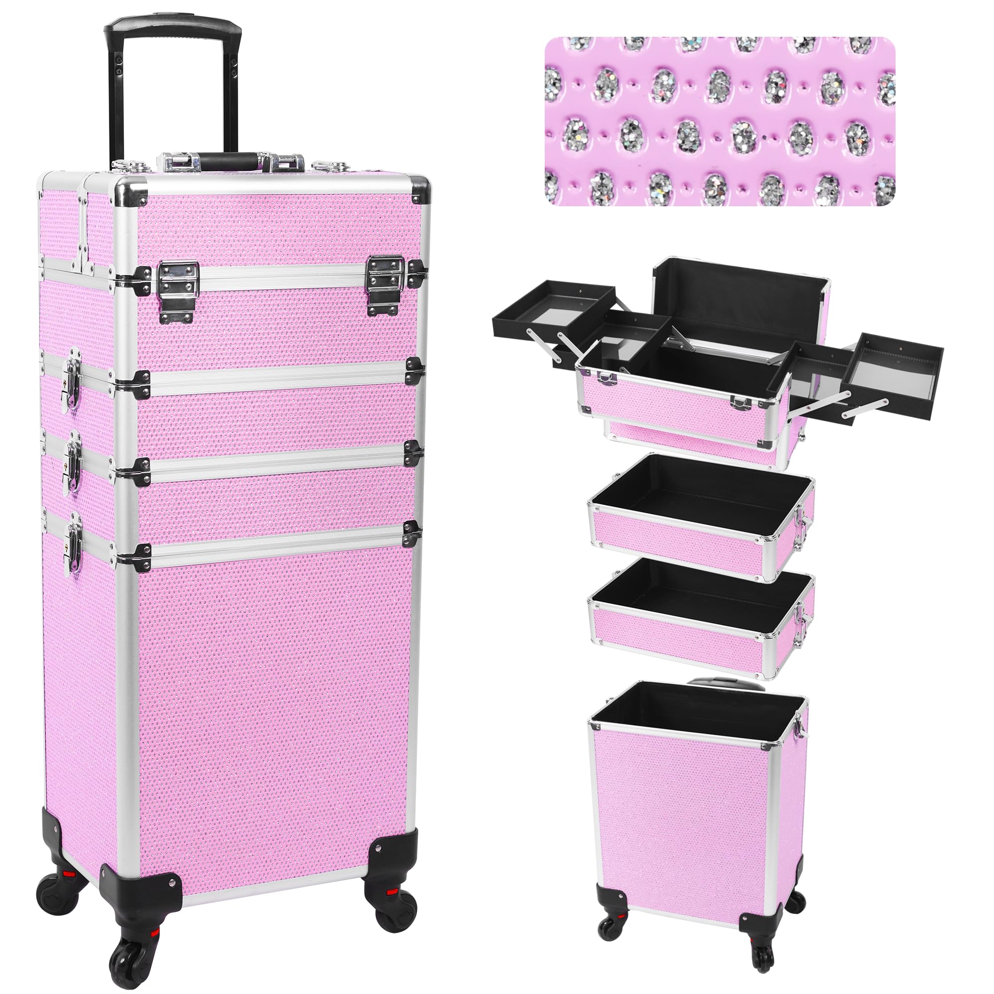 Photo 1 of **MISSING 2 PARTS**
CHUANGJIN Professional Rolling Makeup Case with Wheels, 5-in-1 Makeup Train Case, Cosmetic Makeup Trolley Cart Travel Cosmetology Case On Wheels with Key for Hairstylists, Nail Tech (Pink Crystal)