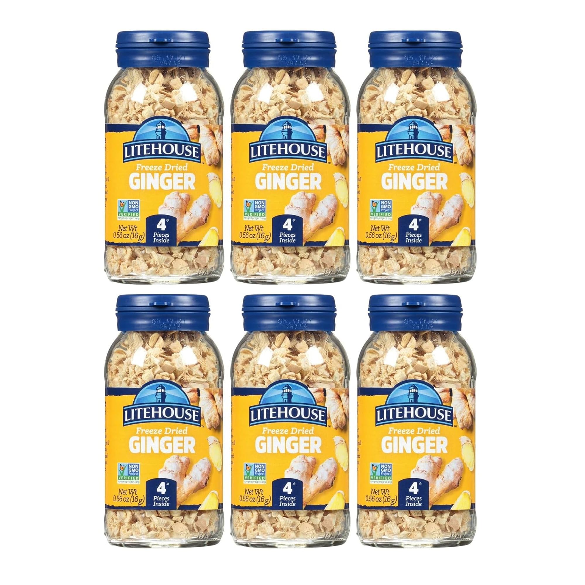 Freeze Dried Ginger - Substitute for Fresh Ginger, Frozen Ginger, Equal to 4 Ginger Bunches, Organic Dried Ginger Root Seasoning, Non-GMO, Gluten-Free, Dried Ginger for Tea - 0.56 Oz, 6-Pack