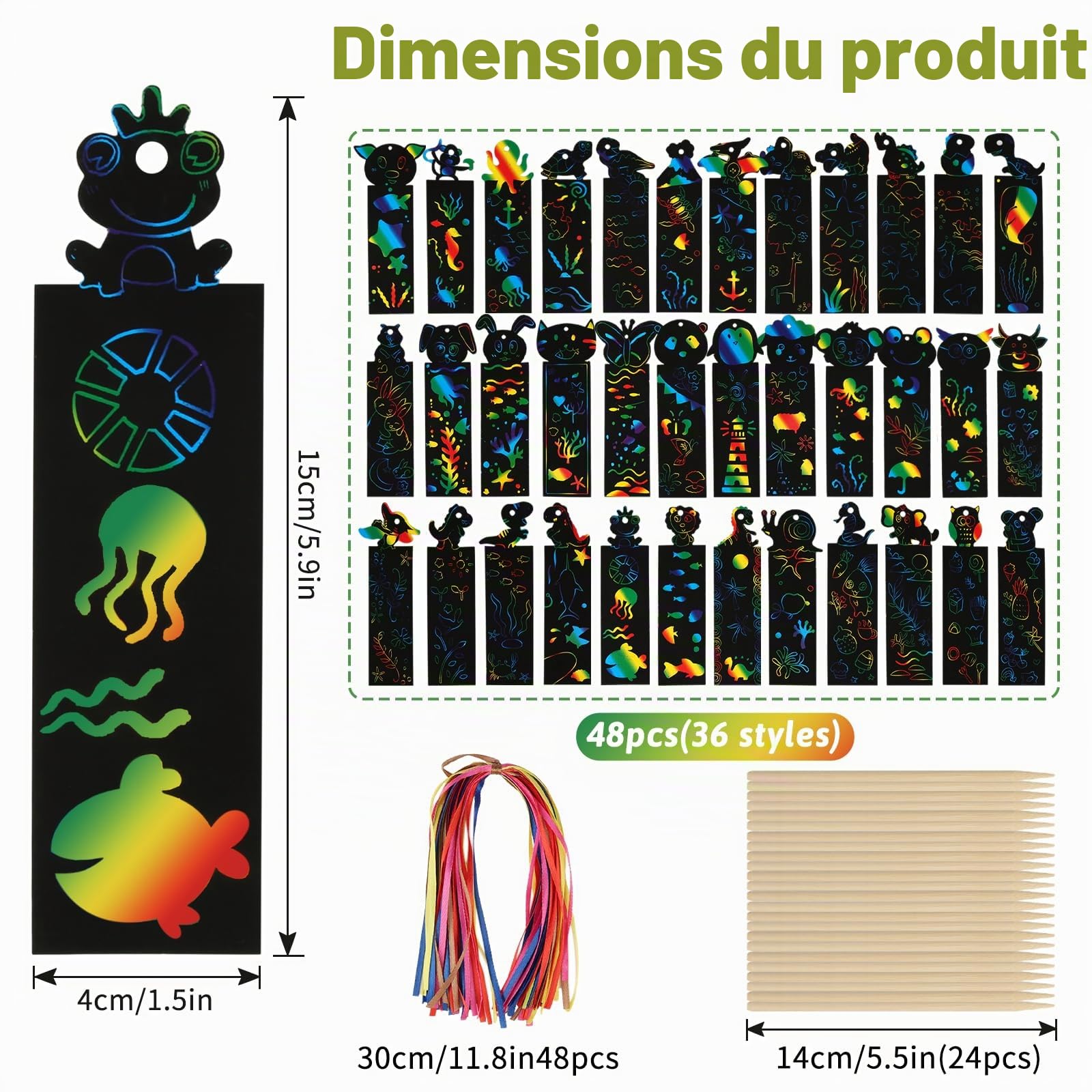 Lot de 48 Images à gratter pour Enfants avec Marque-Pages d'animaux, Stylos en Bois et Rubans - Papier à gratter créatif