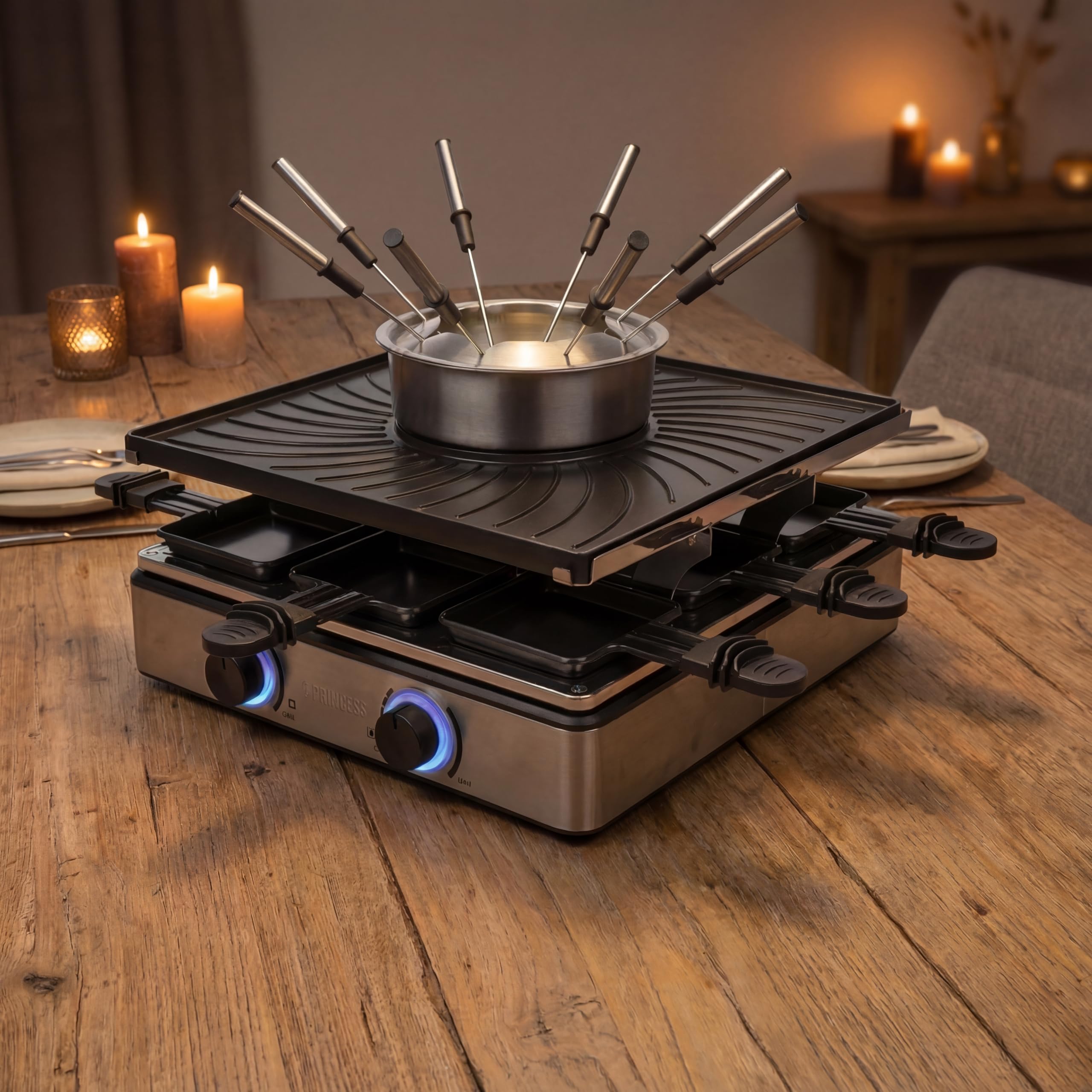 Princess Raclette und Fondue 5-in-1, 8 Personen, Doppelte Thermostate, 1,3 L Fonduetopf, PFAS-frei, Abnehmbare Teile, 31×31 cm Grillplatte, 1800 W, 162670