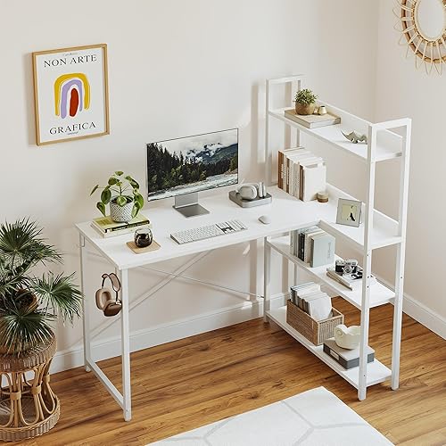 Miniatura 7 de CubiCubi Escritorio esquinero para computadora con estantes de almacenamiento, escritorio en forma de L de 47 pulgadas con estantería, escritorio de