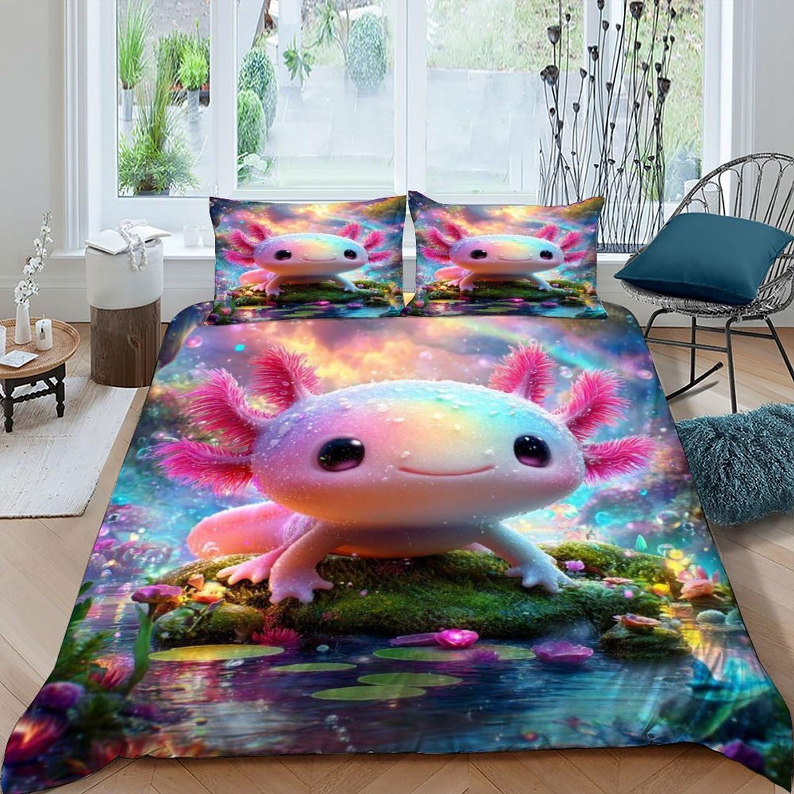 Axolotl Fantasy 3 Pieces Duvet Cover,3D Printed Animal Theme Wildlife Bedding Set,2 Pillowcases,Hidden Zipper,Microfiber Quilt Cover,King（220x240cm）