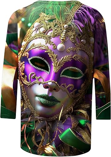 Miniatura 5 de Blusa de manga 34 con estampado de máscara de fantasía para mujer, camisa de fiesta de Mardi Gras, carnaval, Mardi Gras, atuendo de Mardi Gras,