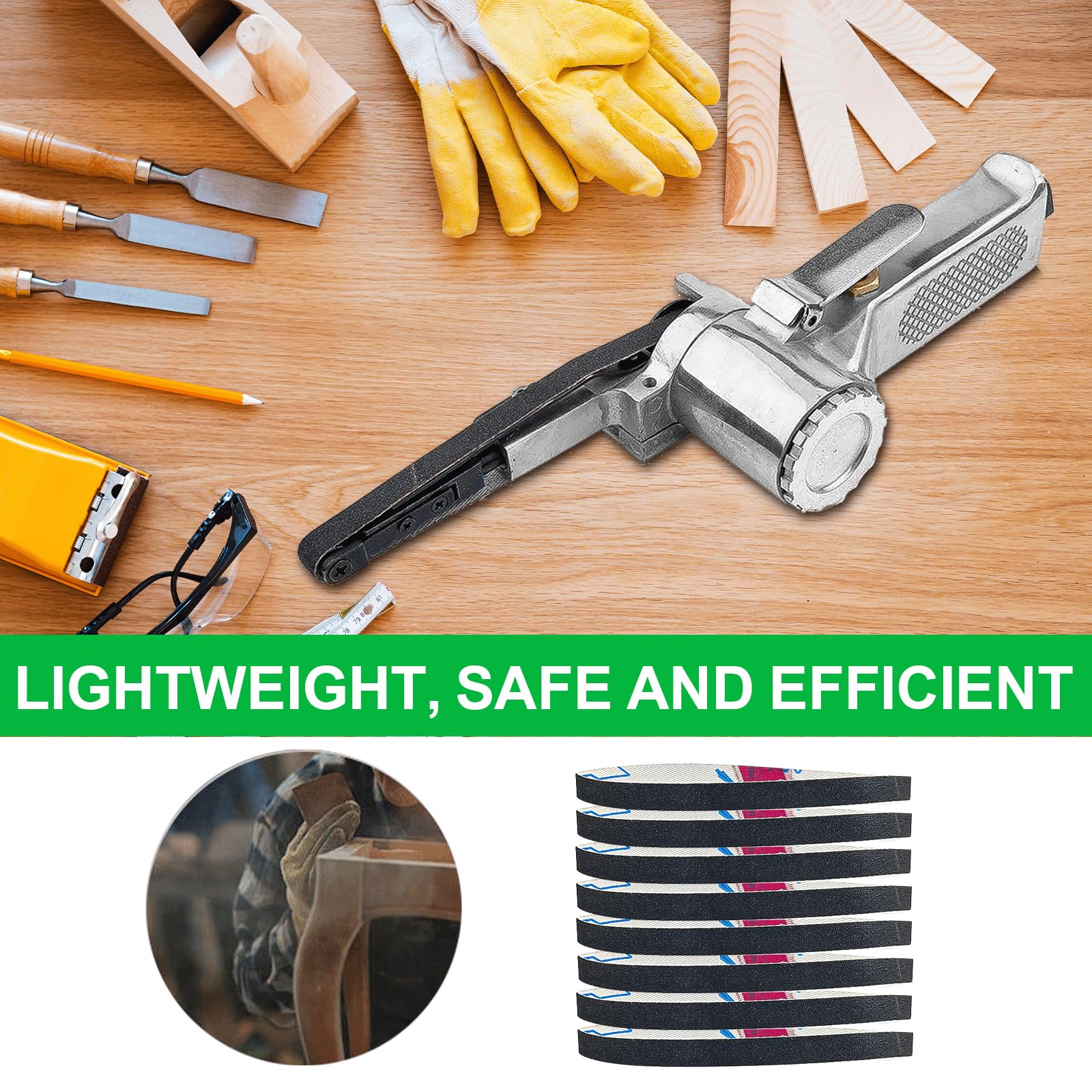 28 Pezzi Levigatrice A Nastro Mini, 360° Impugnatura Girevole Per Legno E Metallo, Smerigliatrice Pneumatica A Nastro Compresso Con 25 Cinghie 330x10mm, Per Levigare, Affilare, Rimuovere Ruggine