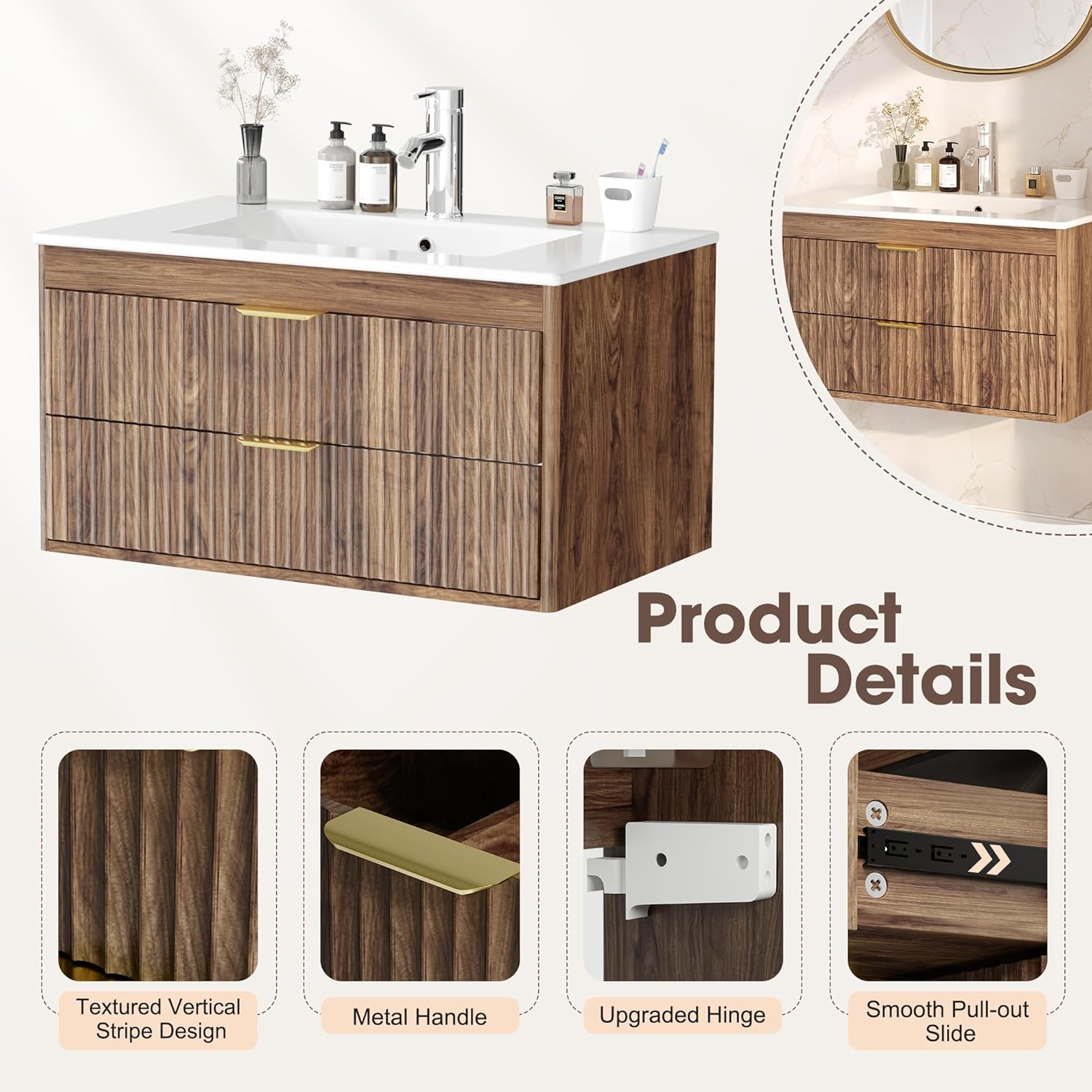 30 Inch Bathroom Vantiy with Ceramic Sink, Floating Bathroom Vanity with 2 Drawers, Wall Mounted Floating Cabinets (30", with Sink, Brown)