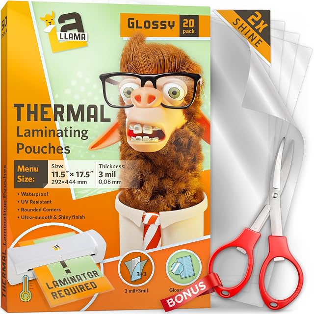 Thermal Laminating Pouches, 11.5 x 17.5 Inches, 3 Mil, 20 Pack of Menu Size Large Thermal Laminating Sheets, Suited for Laminating Sheets 11x17