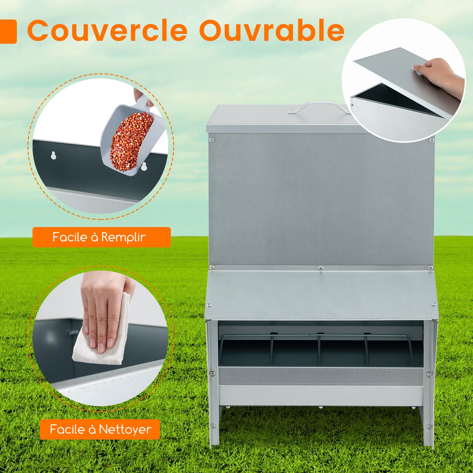 COSTWAY Mangeoire Poules XXL Anti Nuisible 22 kg, Fixation Murale/Sol, Métal Galvanisé, Mangeoire Poule Automatique pour Canards Oies Faisans Dindes, Ideal Microfermes et Élevages Familiaux
