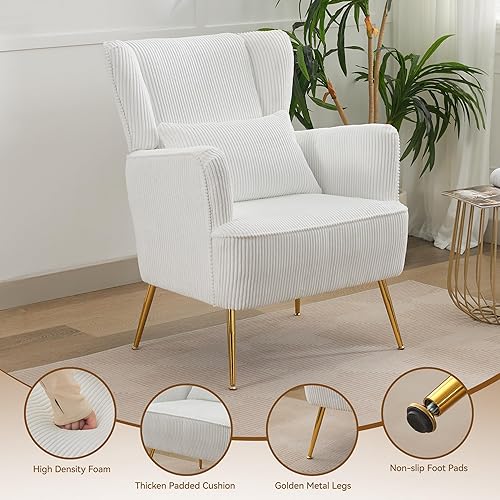 Miniatura 5 de Silla con brazo de pana para sala de estar con almohada y patas doradas, cojín de 8.5 pulgadas de grosor, sillas modernas de mediados de siglo con