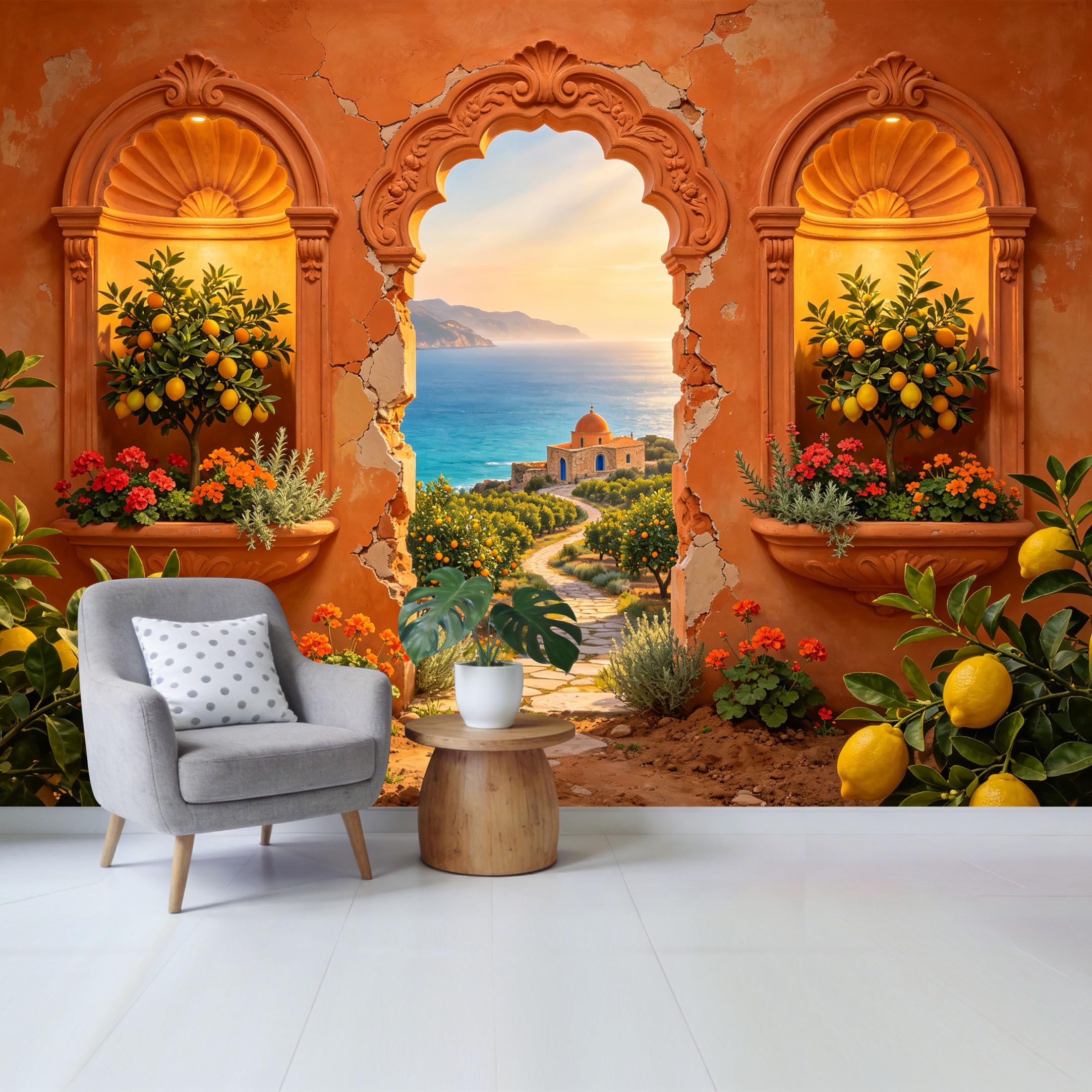 Custom Size Wall Mural Mediterranean Coastal Lemon Garden Archway Path Ocean View Removable Self Adhesive Fabric Home Wall Decor for Living Room Bedroom Bathroom