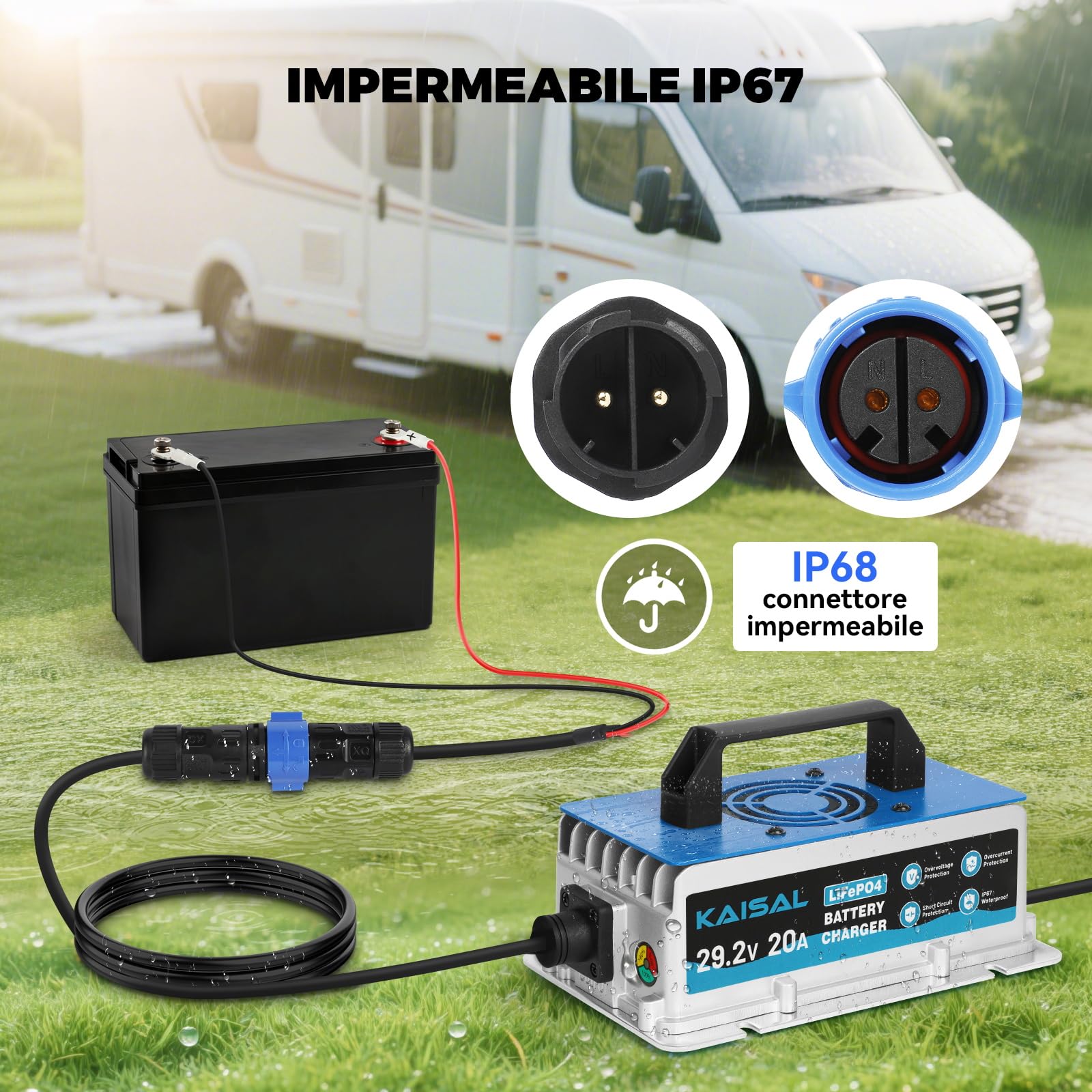 KAISAL 29.2V 20A Caricabatterie al Litio, Caricatore per Batteria al Litio da 24 V (25.6 V), 24V Intelligente Caricabatteria LiFePO4 Impermeabile IP67 per Camper, Barca, Solare