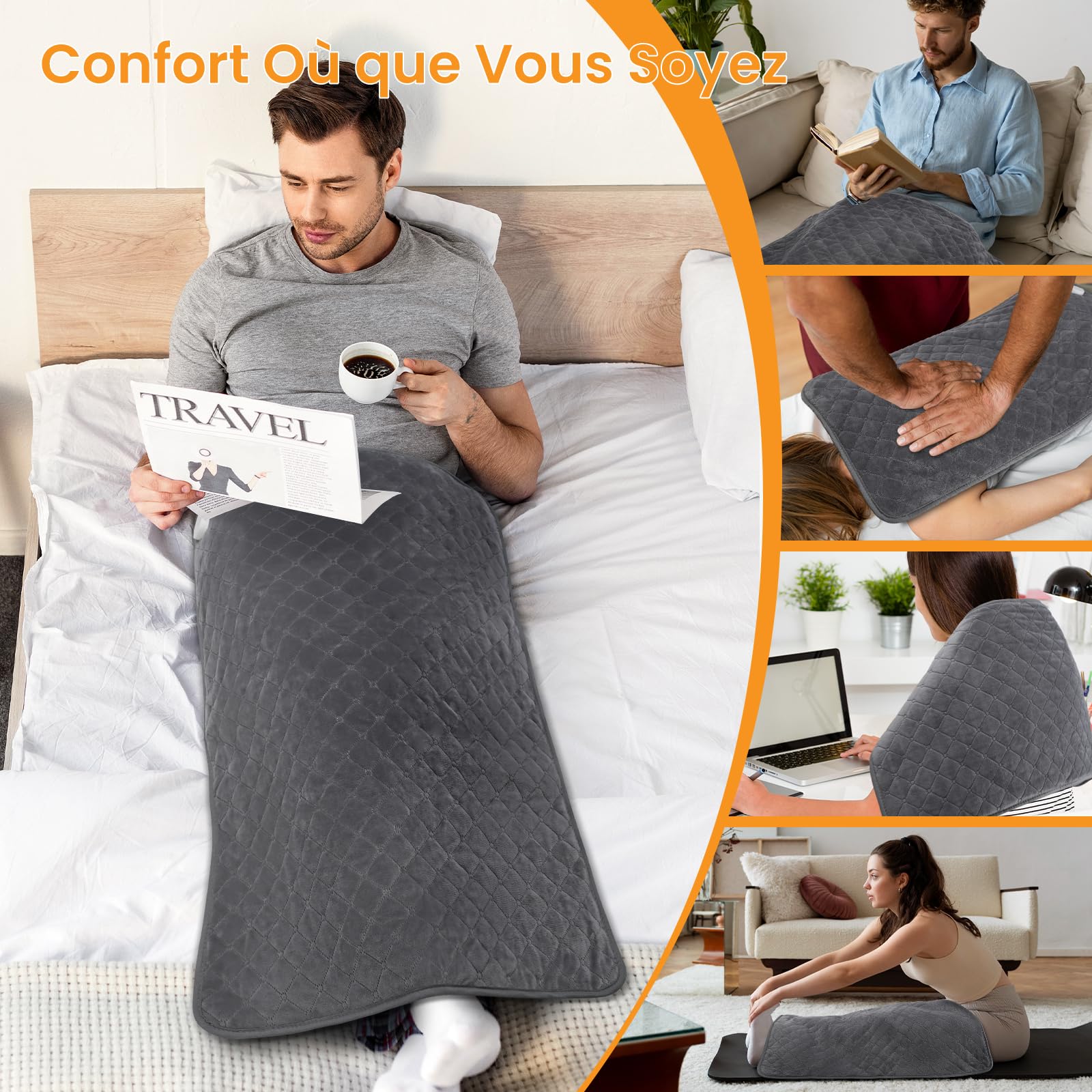 Coussin Chauffant Électrique 60x80cm avec Arrêt Automatique et 6 Niveaux de Température, pour le Dos, la Cervicales et les Épaules, Lavable en Machine, Le Cadeau Réconfortant pour Parents ou Épouse
