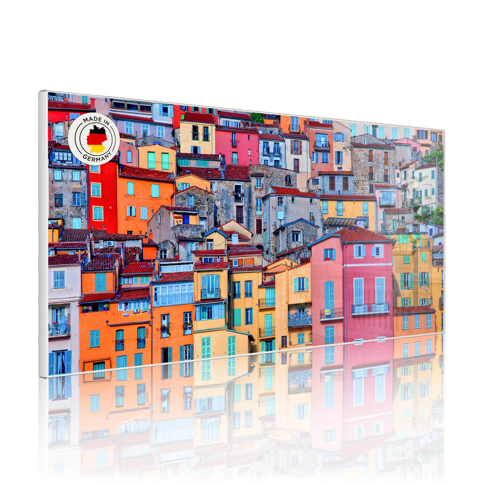 banjado Magnettafel Metall 78 x 37cm - beschreibbare Magnettafel - Metall Pinnwand als Memoboard - Magnetwand Küche, Büro, Kinderzimmer Weiß inkl. 4 Magnete & Montageset - Motiv Häuserberg