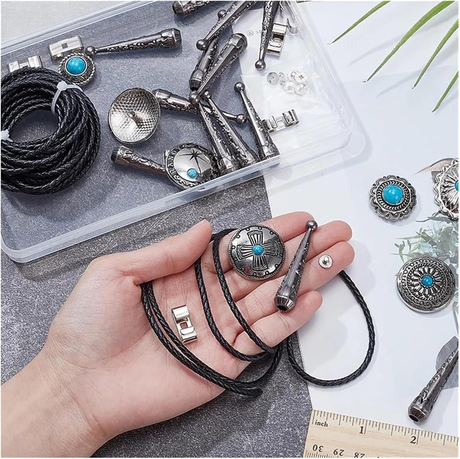 Bolo Tie Making Kit 1Set Tie Accessory Kit, Replacement Buckle Accessories Slide and 7 Pieces Alloy Turquoise Buttons