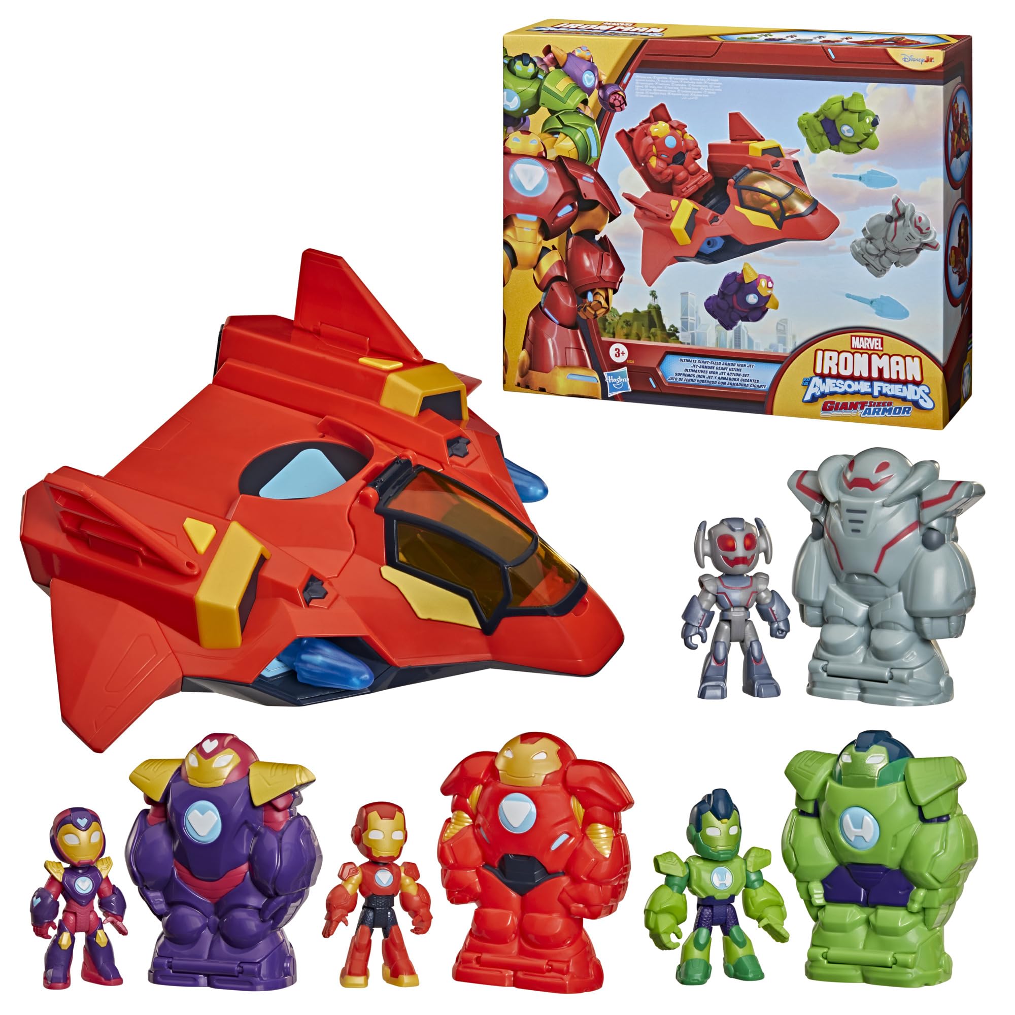 Zestaw z olbrzymimi zbrojami i odrzutowcem Iron Mana z serialu Marvela "Iron Man i super ekipa" telewizji Disney Jr., figurki o wysokości 7,6 cm, zbroje i model pojazdu