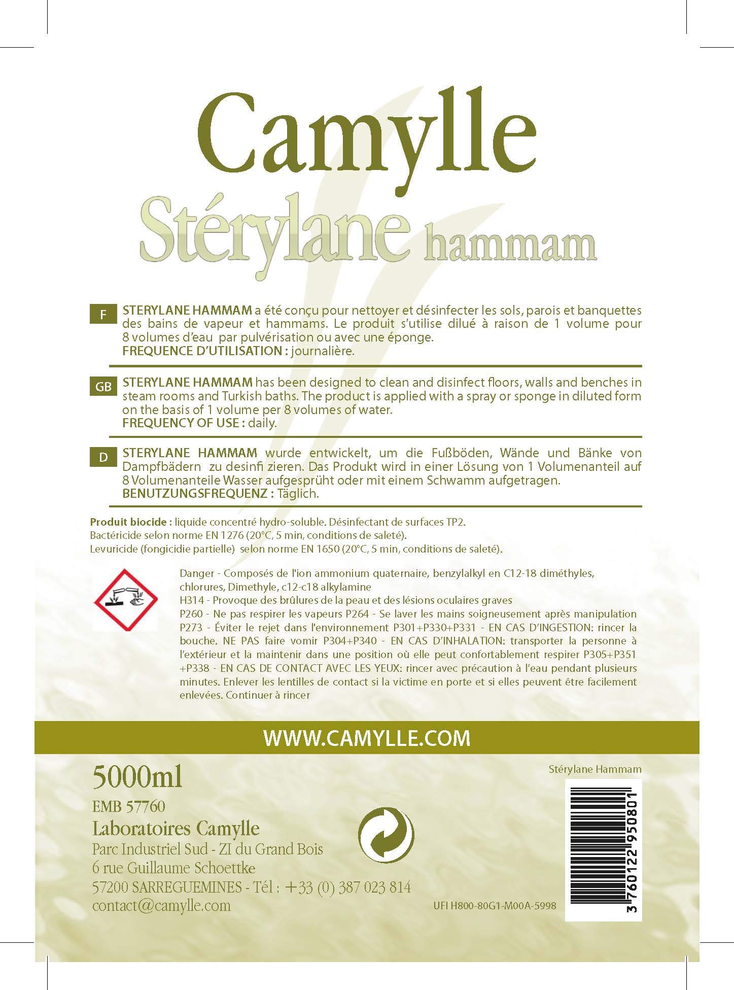 Camylle - Stérylane Hammam - Détergent et désinfectant pour le nettoyage des cabines de hammam, douches hammam et bains de vapeur - - 5000ml