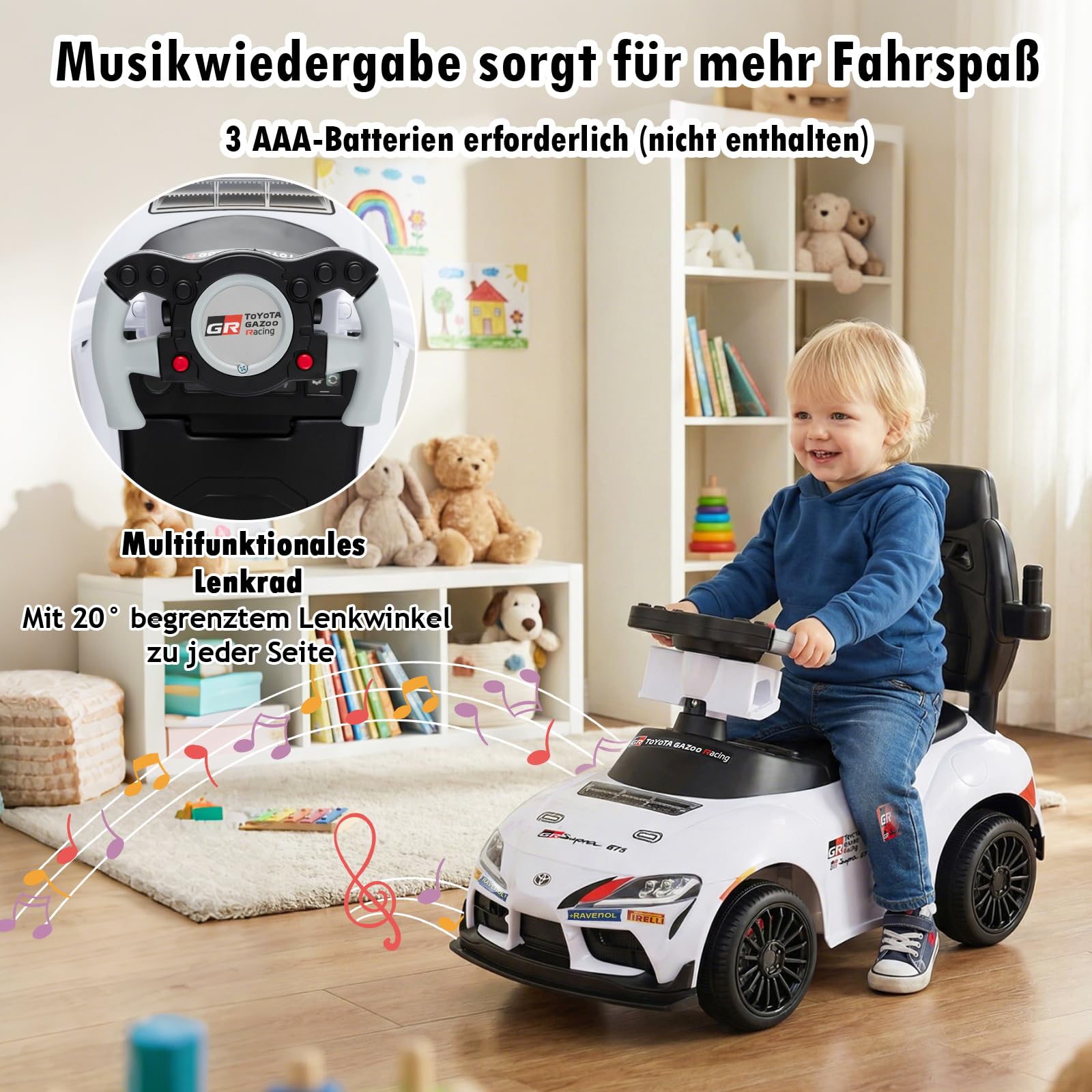 GOPLUS 3 in 1 Schiebeauto, Rutschauto Toyota mit verstecktem Stauraum & Musik, Rutschfahrzeug mit Schiebestange, Kinderfahrzeug für drinnen & draußen für Kinder von 18–60 Monaten (Weiß)