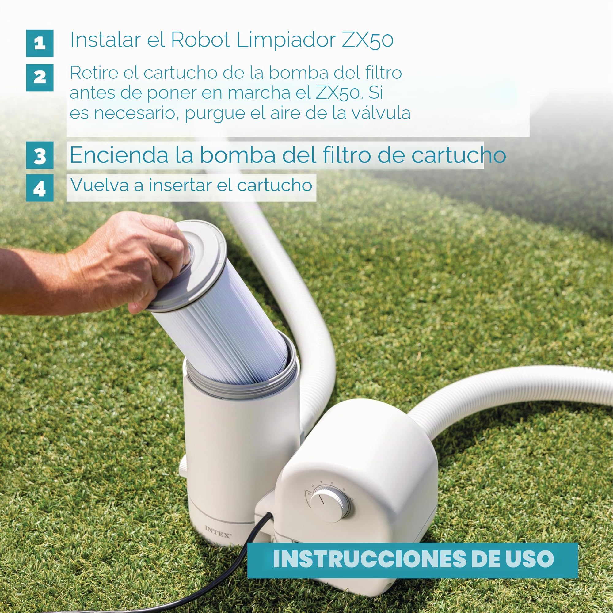 Intex 55251 - Robot limpiafondos piscina Krystal Clear ZX50, Limpiador fondo piscina automático, Manguera 6.5m antienrredos, recipiente para desechos 0,8L y giro automático, Limpiafondos piscina