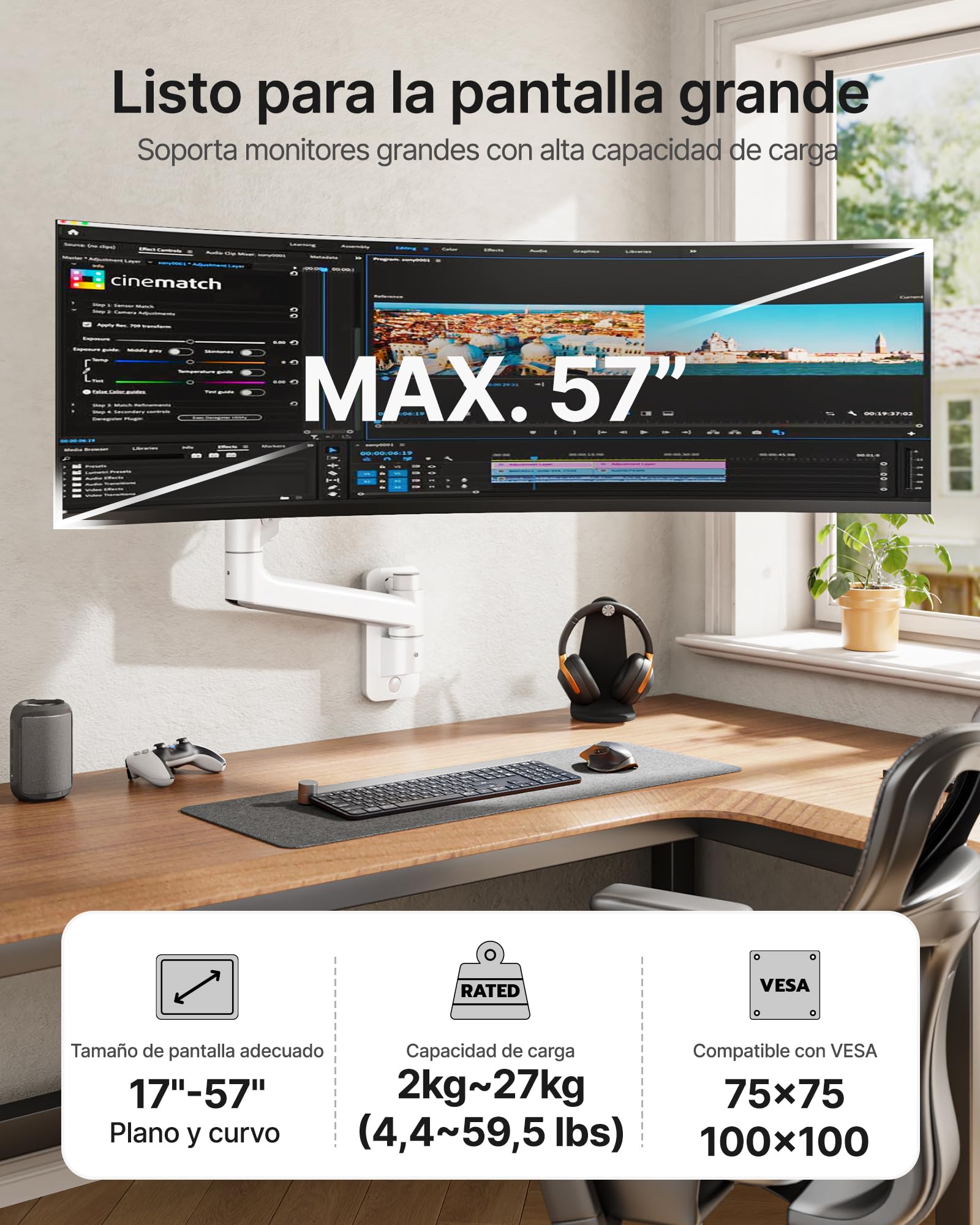 monTEK Soporte de Pared para Monitor de 17-57", hasta 27 kg | Brazo para monitor con resorte de gas, altura regulable y movimiento completo, compatible con VESA 75x75/100x100, blanco.