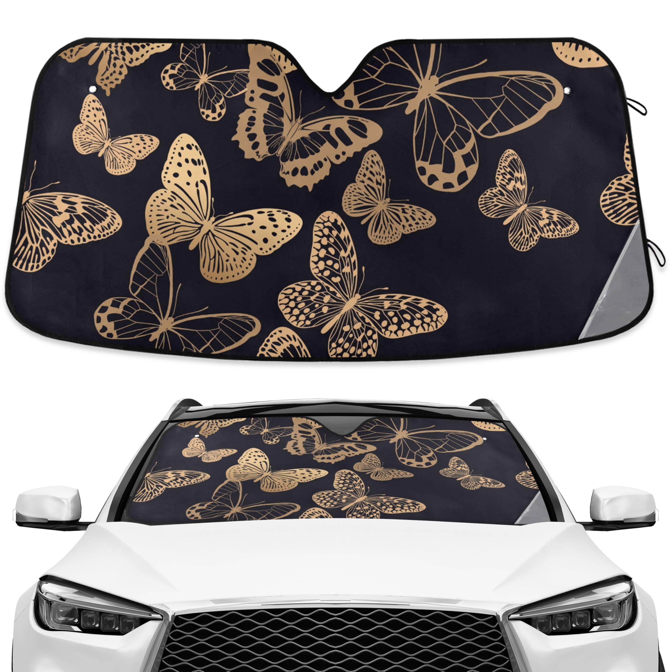 Fluttering Golden Butterflies Windshield Sun Shade Blocks UV Rays Visor Protector Accordion Folding Sun Reflector Auto Sunshade for Car Truck SUV to Keep Your Vehicle Cool