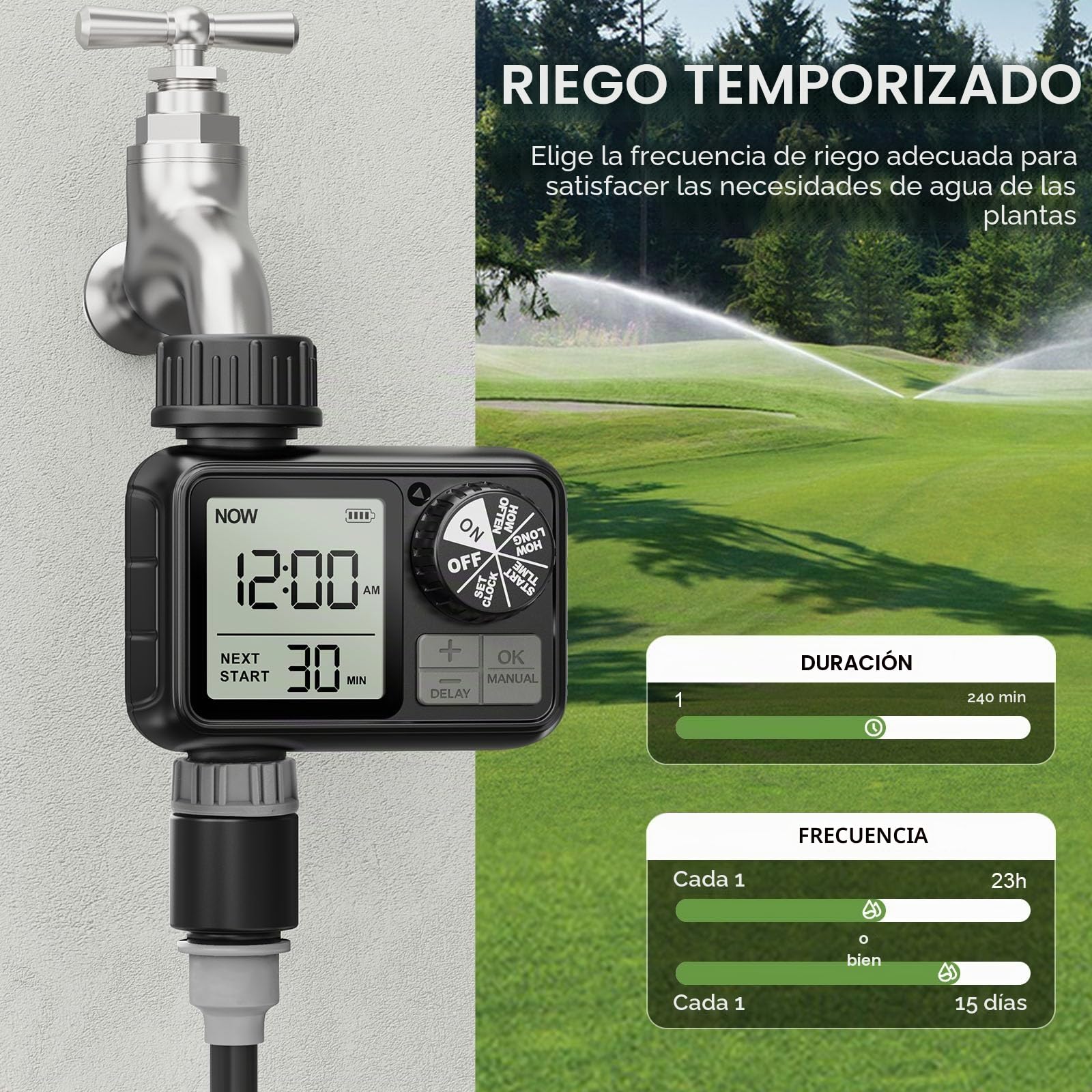 Ordenador de riego, Reloj de riego con retardo de Lluvia/Modo automático y Manual, IPX5 Resistente al Agua/Pantalla Grande Pantalla LCD Temporizador de Agua para jardín césped (1 Salidas)