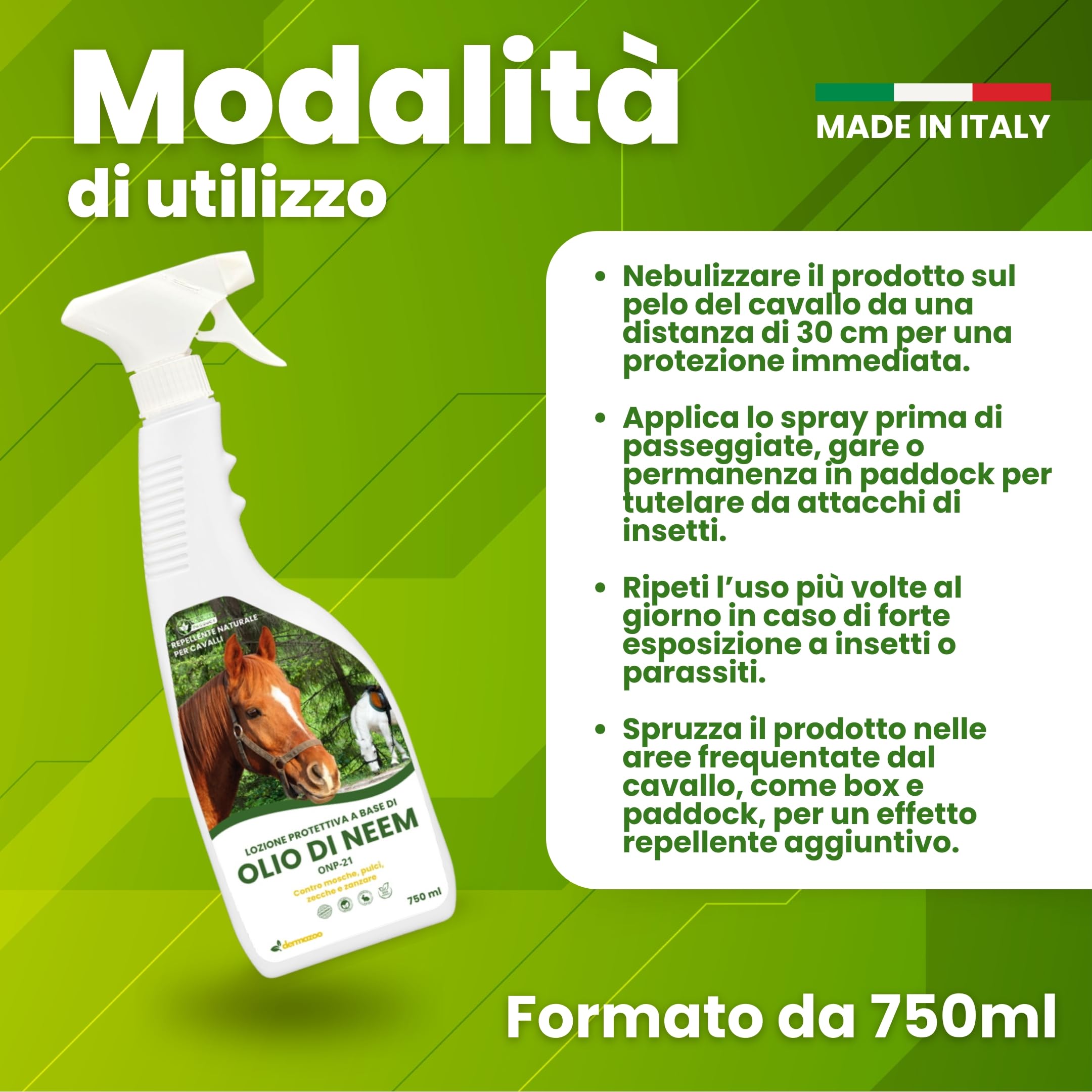 Dermazoo Olio di Neem per Cavalli ONP-21, Repellente Cavalli Antipulci 2 x 750ml, per Pidocchi, Zanzare, Zecche, Mosche e Tafani, Lozione Spray Antizanzare Sicura, Naturale e Specifica