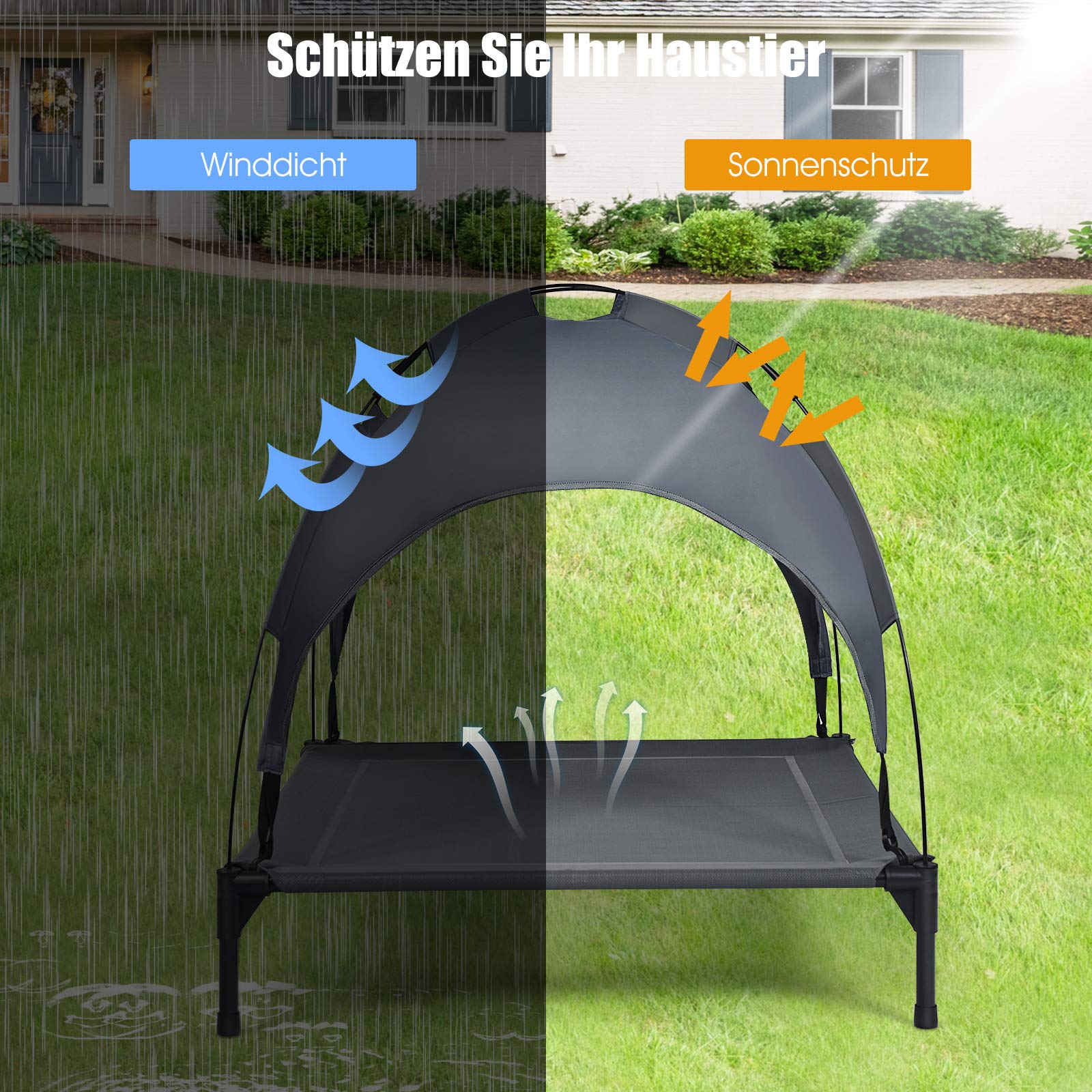 GOPLUS Tumbona para perros con techo, cama elevada para perros, cama para mascotas con marco de hierro, sofá impermeable, cama para perros y gatos con toldo, almohadilla antideslizante para los pies