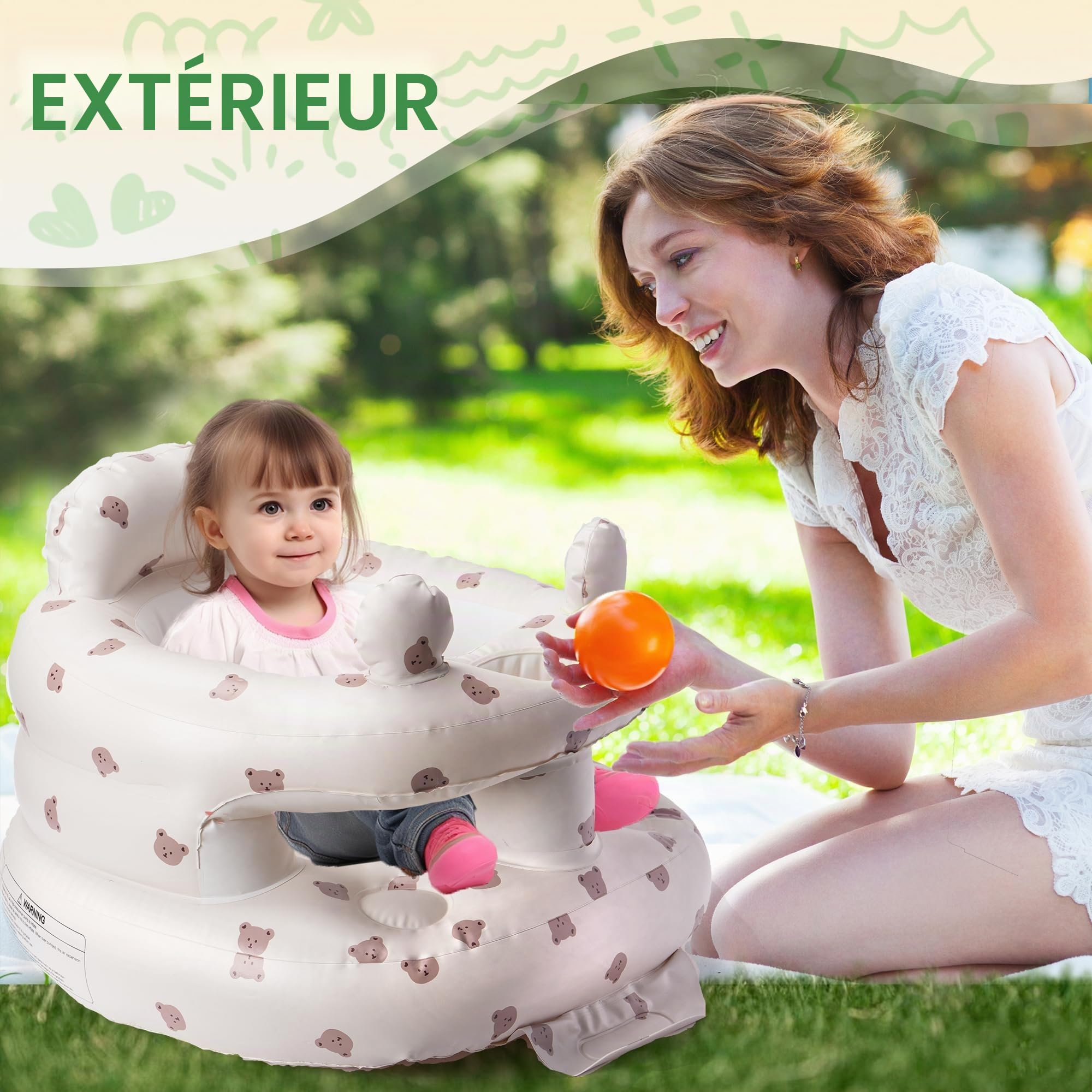 Siège bébé gonflable Zolirao avec pompe à air intégrée, portable 3-36 mois, soutien dos et nuque, sans BPA, motif ours