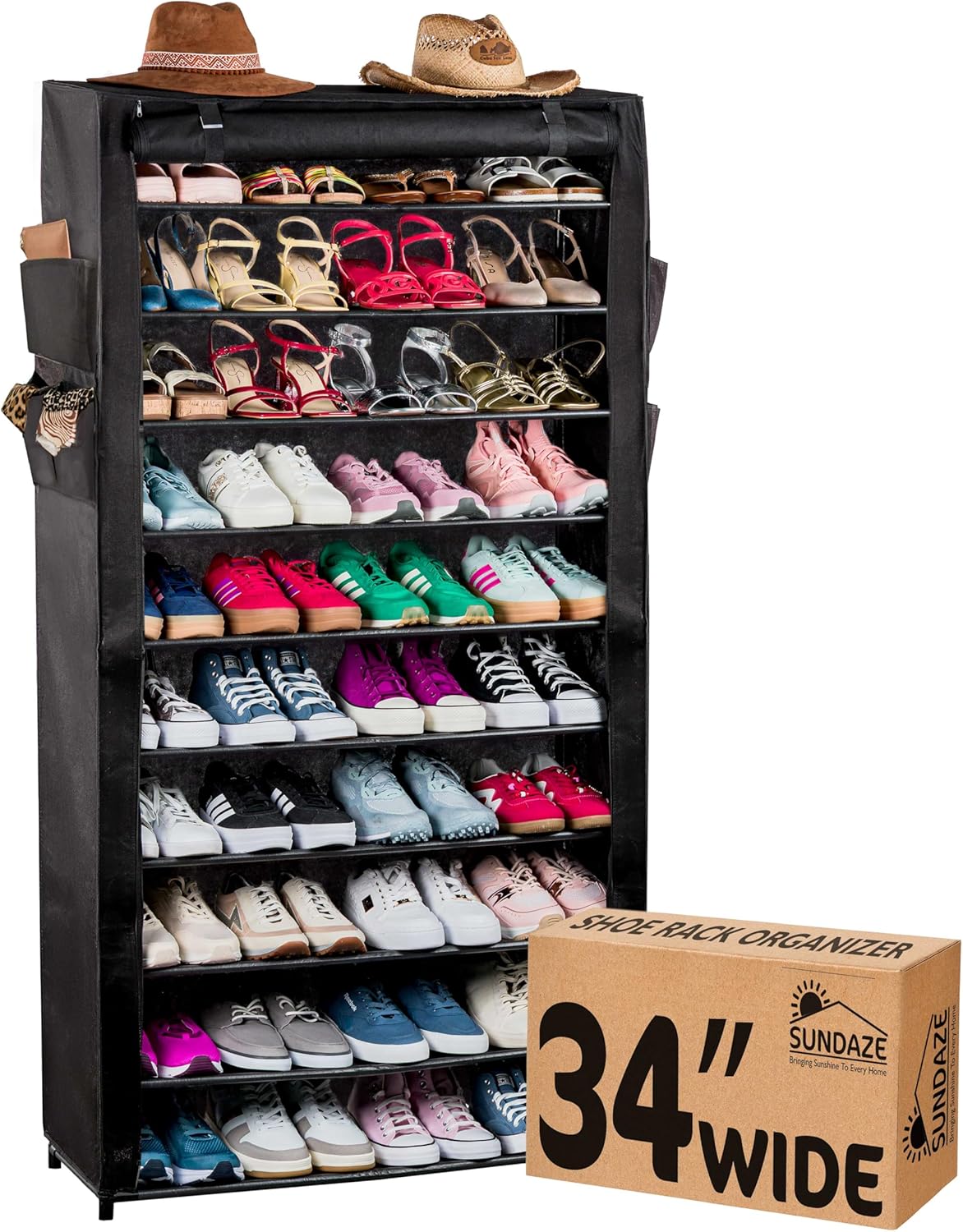 Sundaze Shoe Rack with Cover - 10 Tier Shoe Rack for Front Door Entrance, Sturdy Tall Shoe Organizer for Bedroom, Closet, Garage, Non Woven Fabric Shelf, Black, Holds Up to 50 Pairs