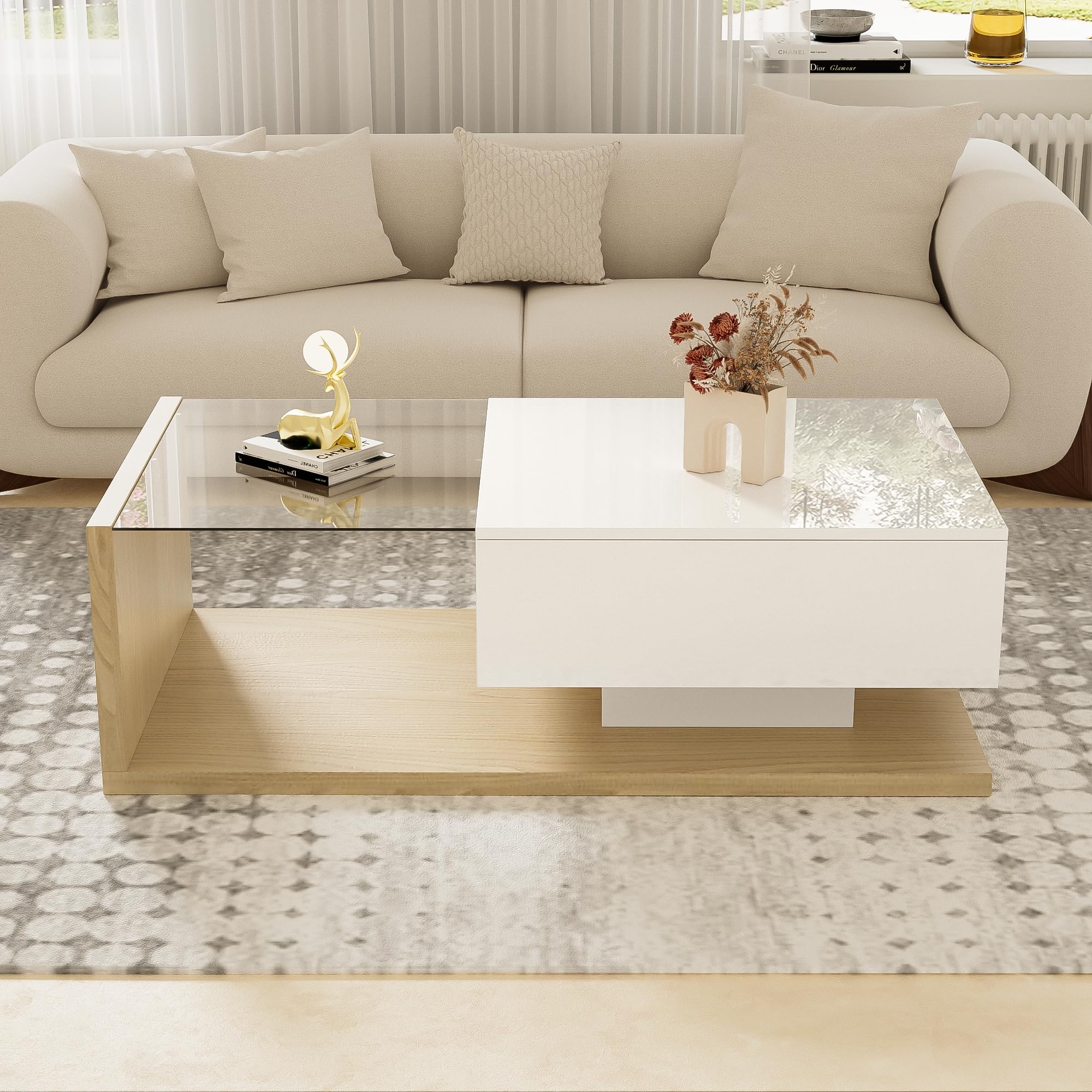 Mesa de centro de 105 x 55 x 32,5 cm, mesa auxiliar, mesa de café en color blanco brillante y combinación de colores de madera, mesas de centro con cristal y efecto LED para salón (blanco y