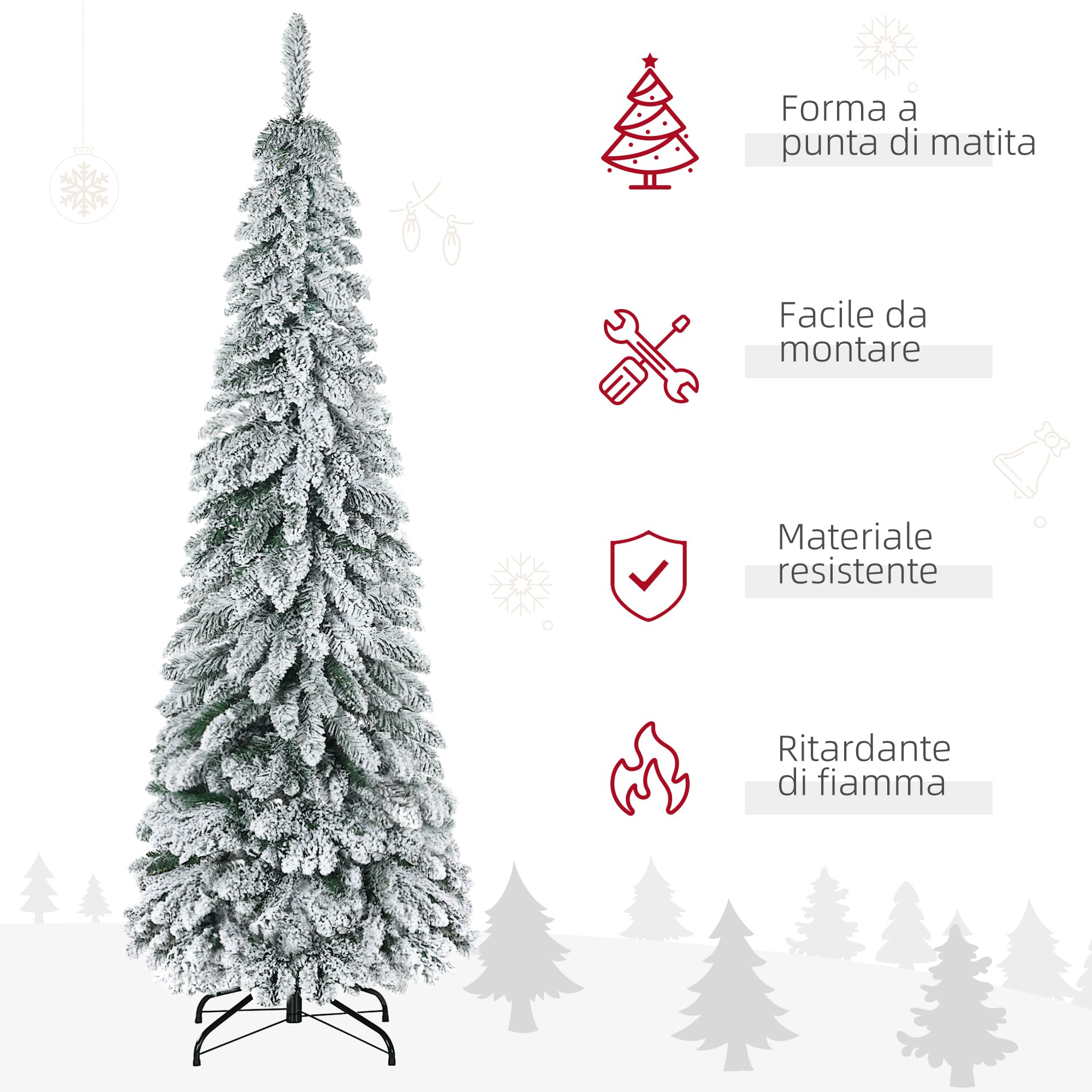 HOMCOM Albero di Natale Slim Innevato 180cm con 523 Rami e Base in Acciaio